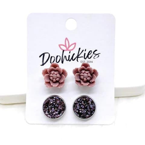 Mauve Flowers & Plum Druzy Duo Earrings