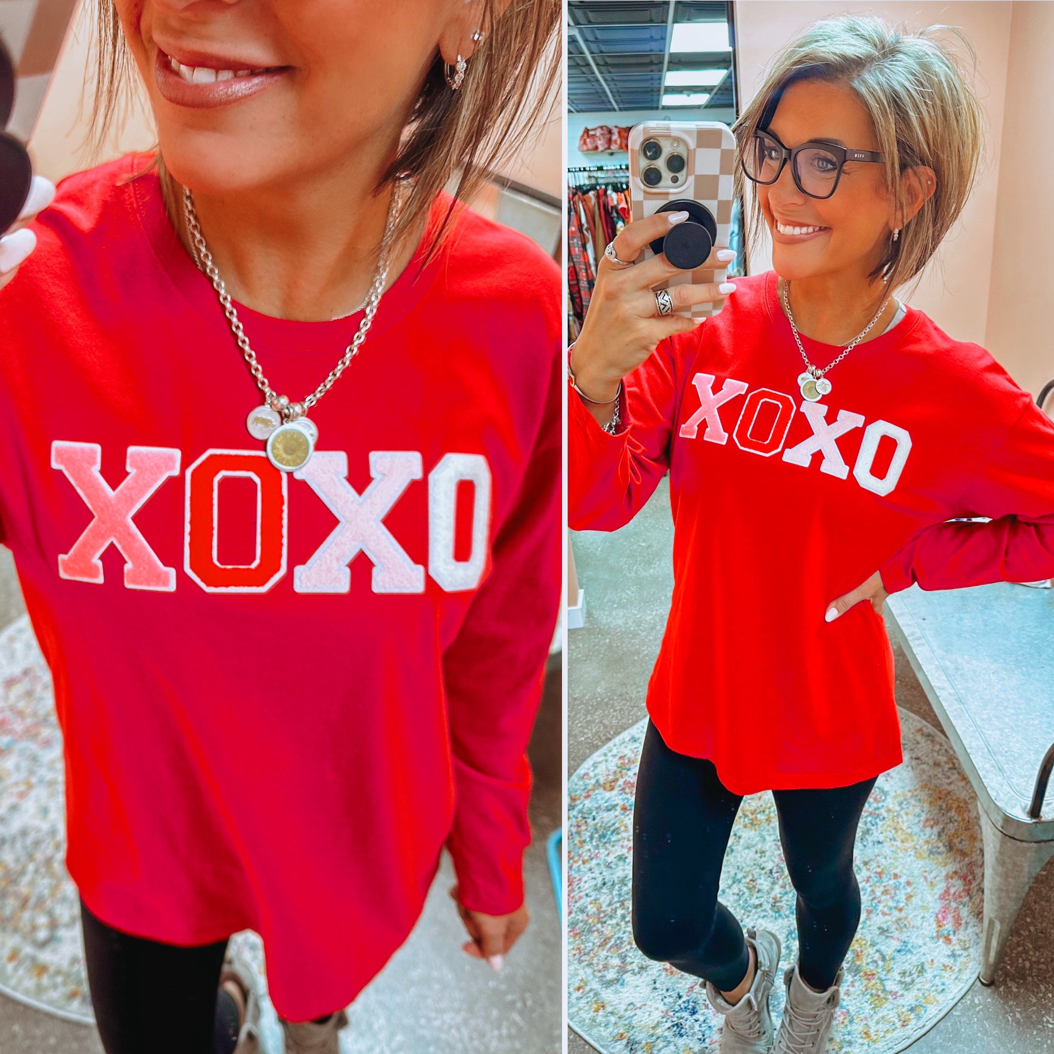 XOXO Boyfriend Long Sleeve Chenille Tee - Red