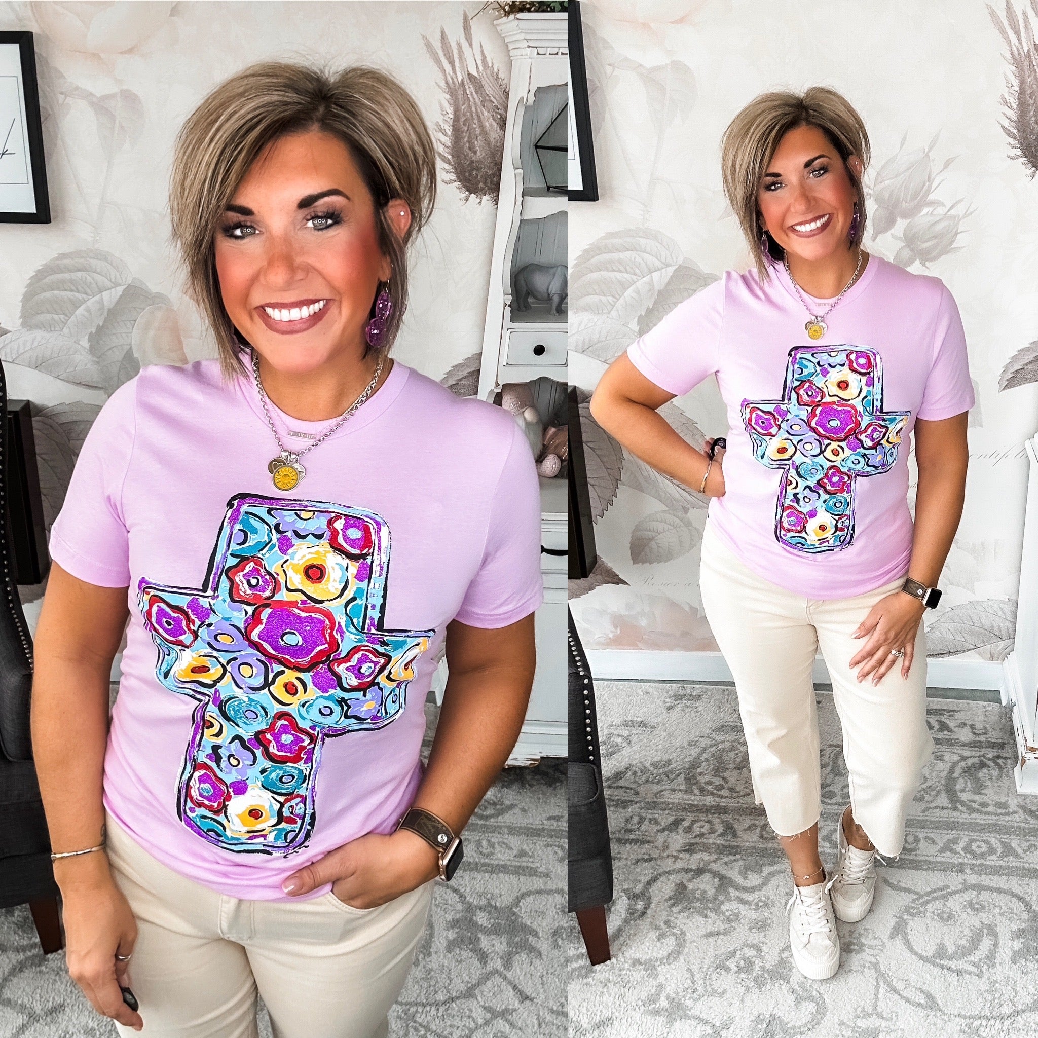 Purple Floral Cross Graphic Tee