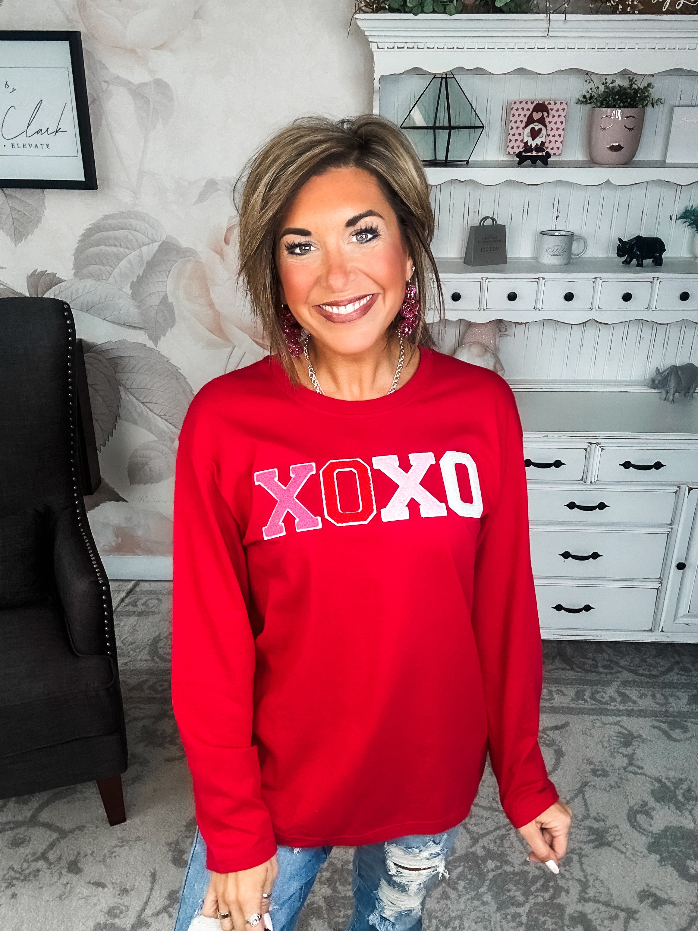 XOXO Boyfriend Long Sleeve Chenille Tee - Red