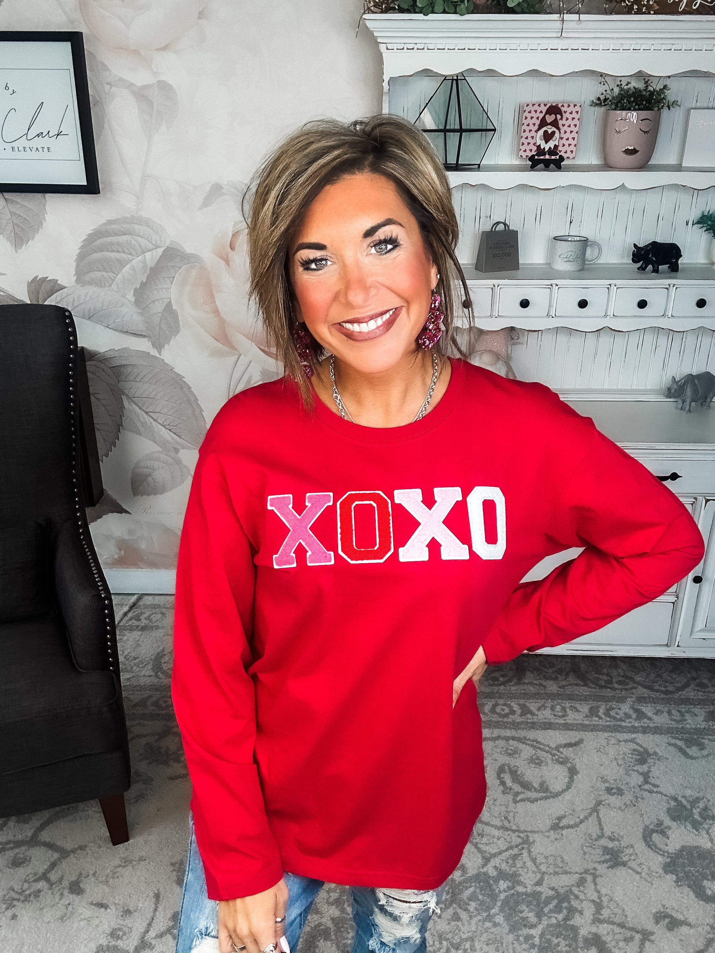 XOXO Boyfriend Long Sleeve Chenille Tee - Red