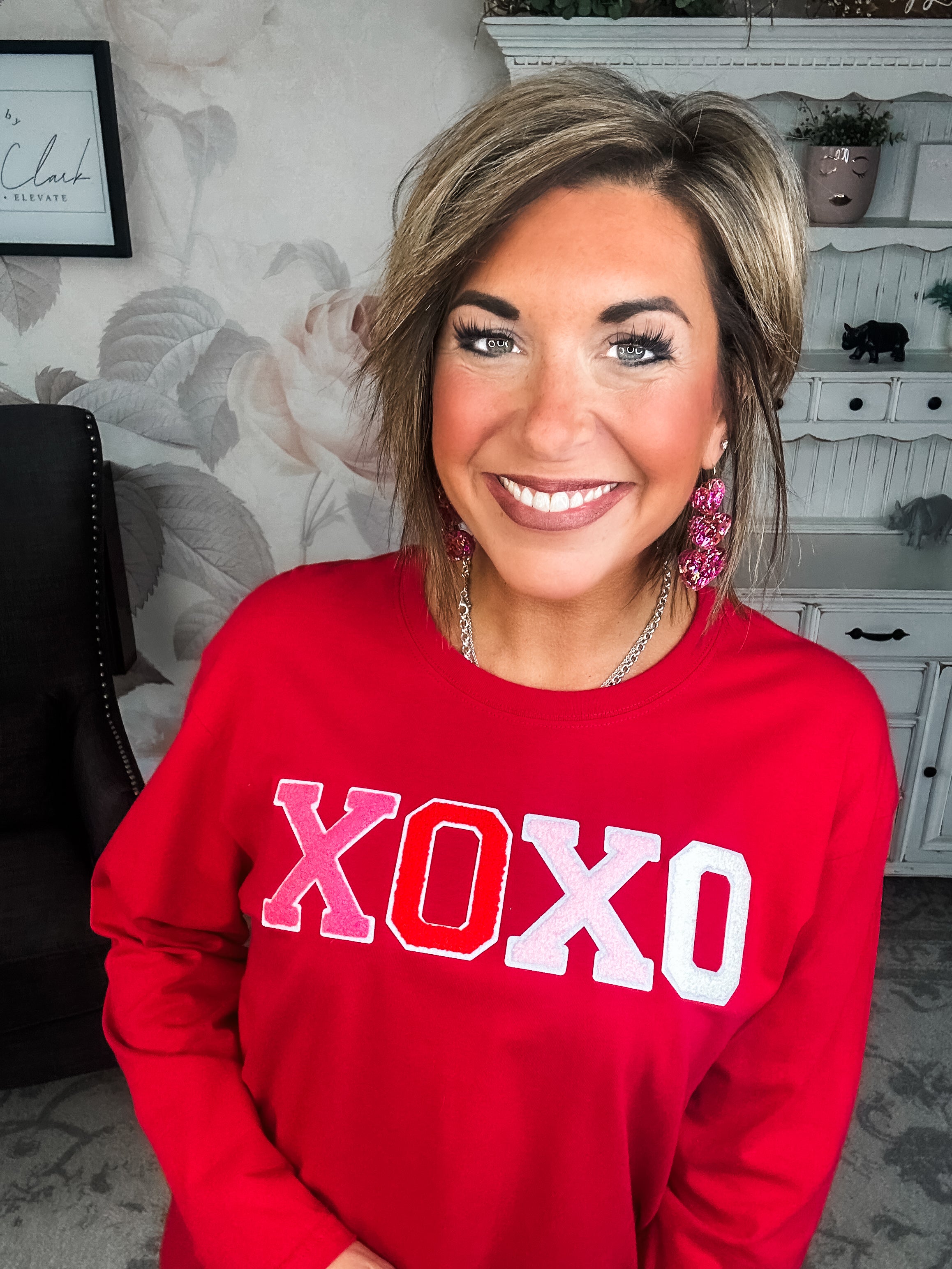 XOXO Boyfriend Long Sleeve Chenille Tee - Red