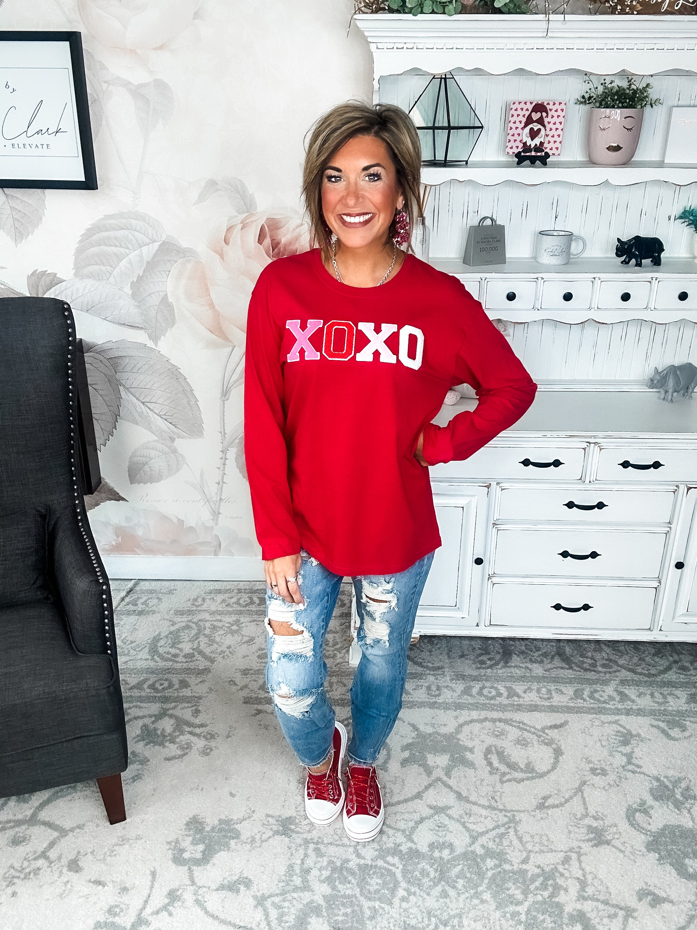 XOXO Boyfriend Long Sleeve Chenille Tee - Red
