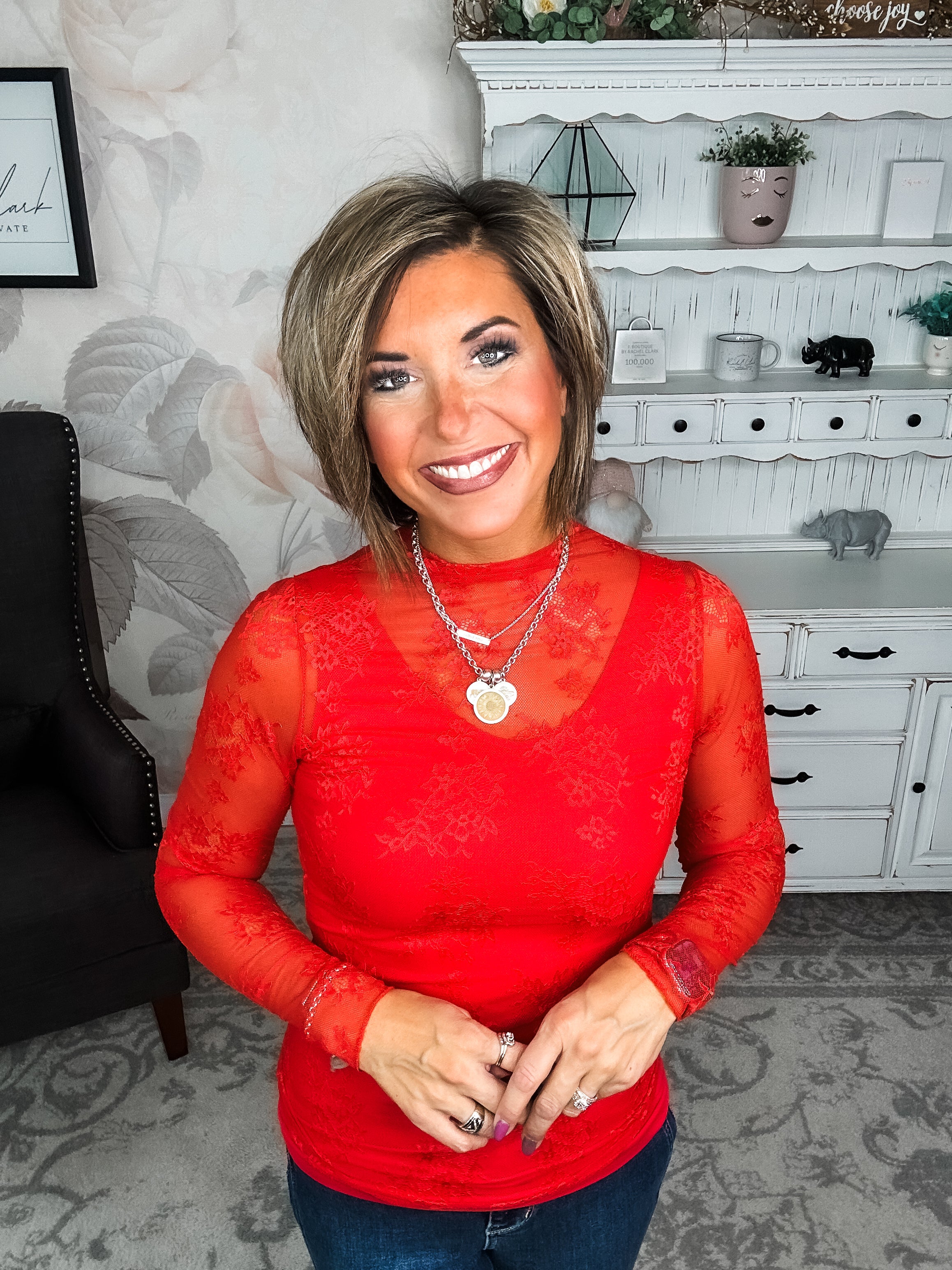 Sweetest Friend Mesh Lace Top - Red