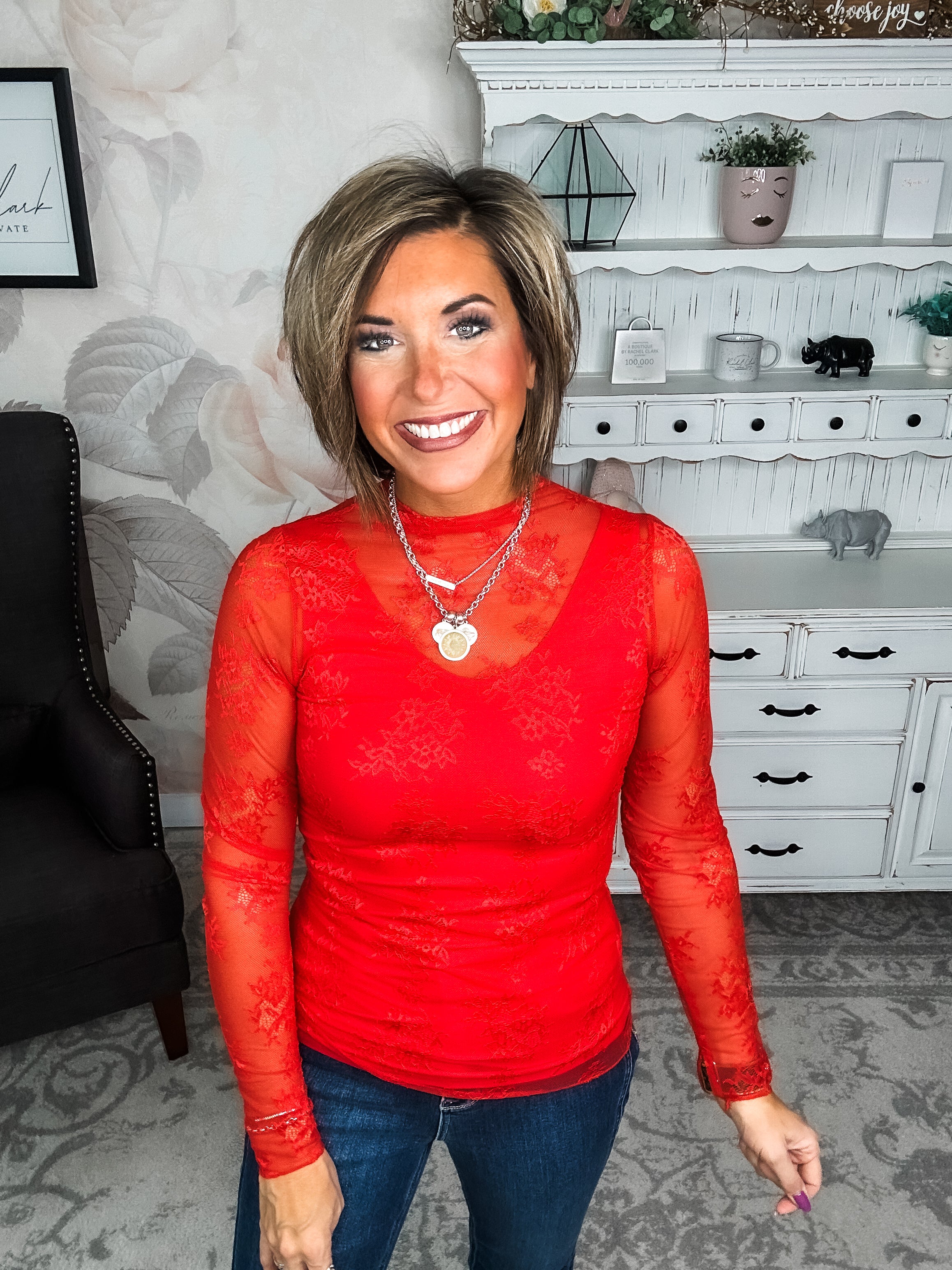 Sweetest Friend Mesh Lace Top - Red