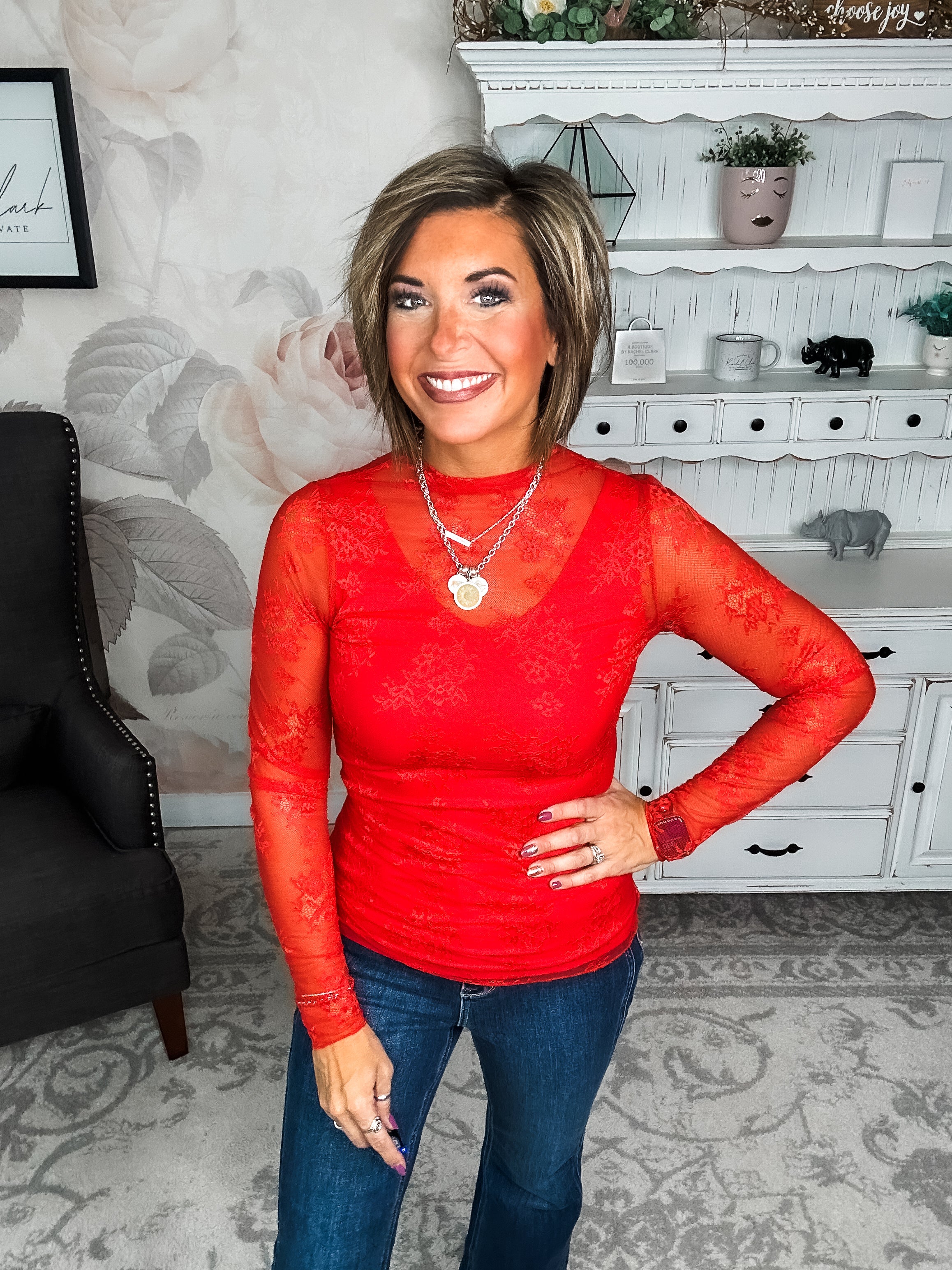 Sweetest Friend Mesh Lace Top - Red