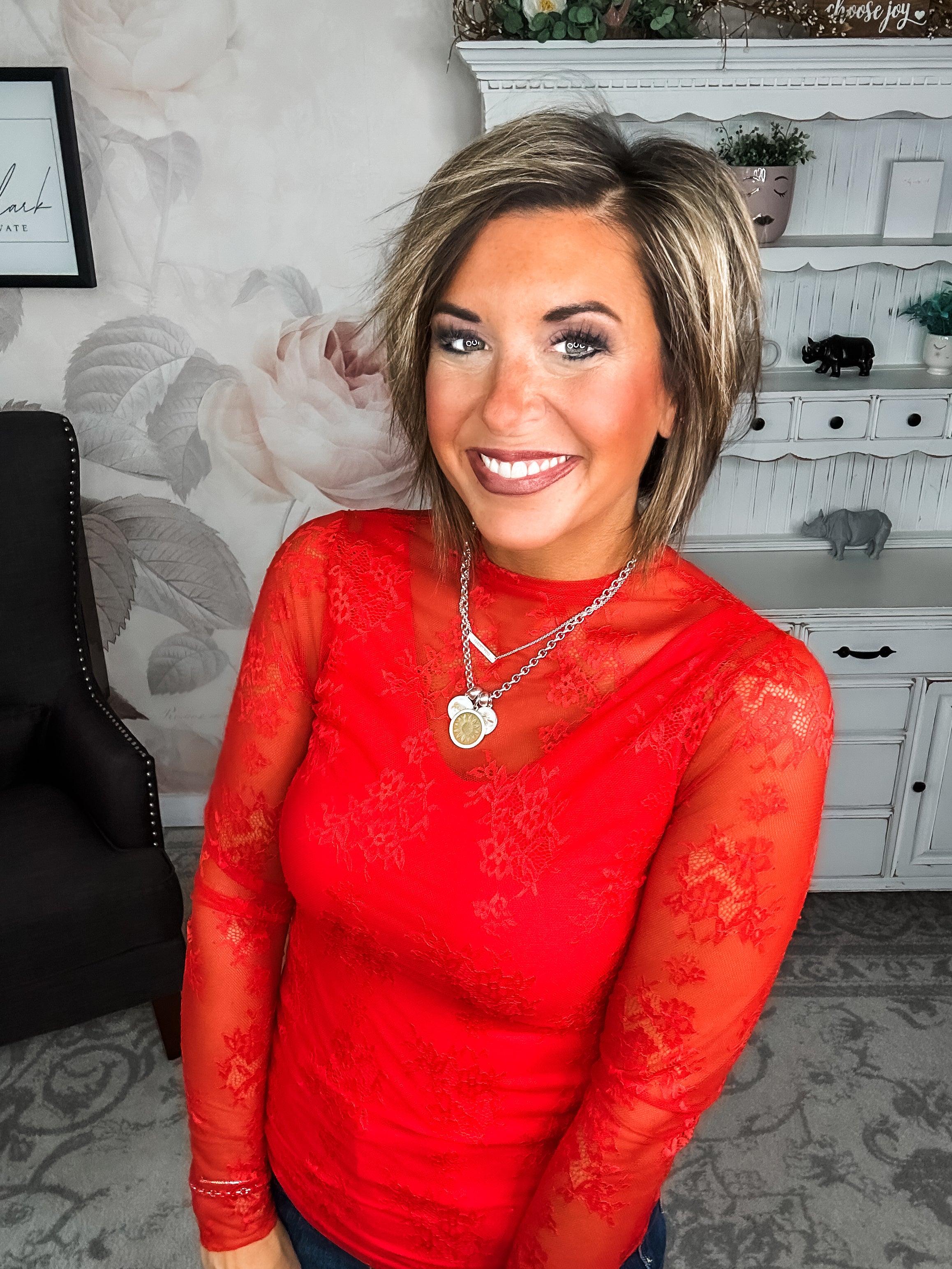 Sweetest Friend Mesh Lace Top - Red