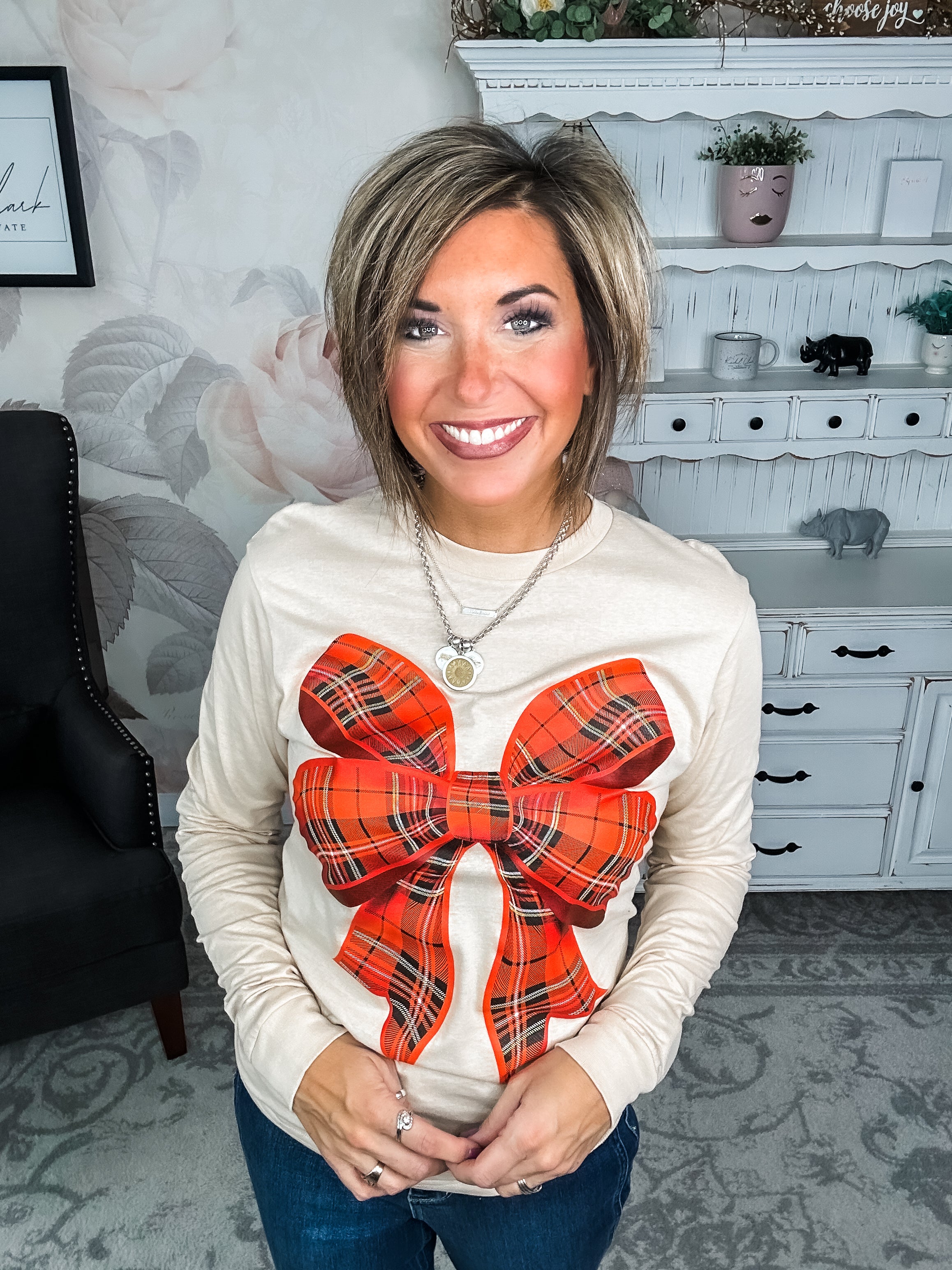 Plaid Bow Long Sleeve Graphic Tee