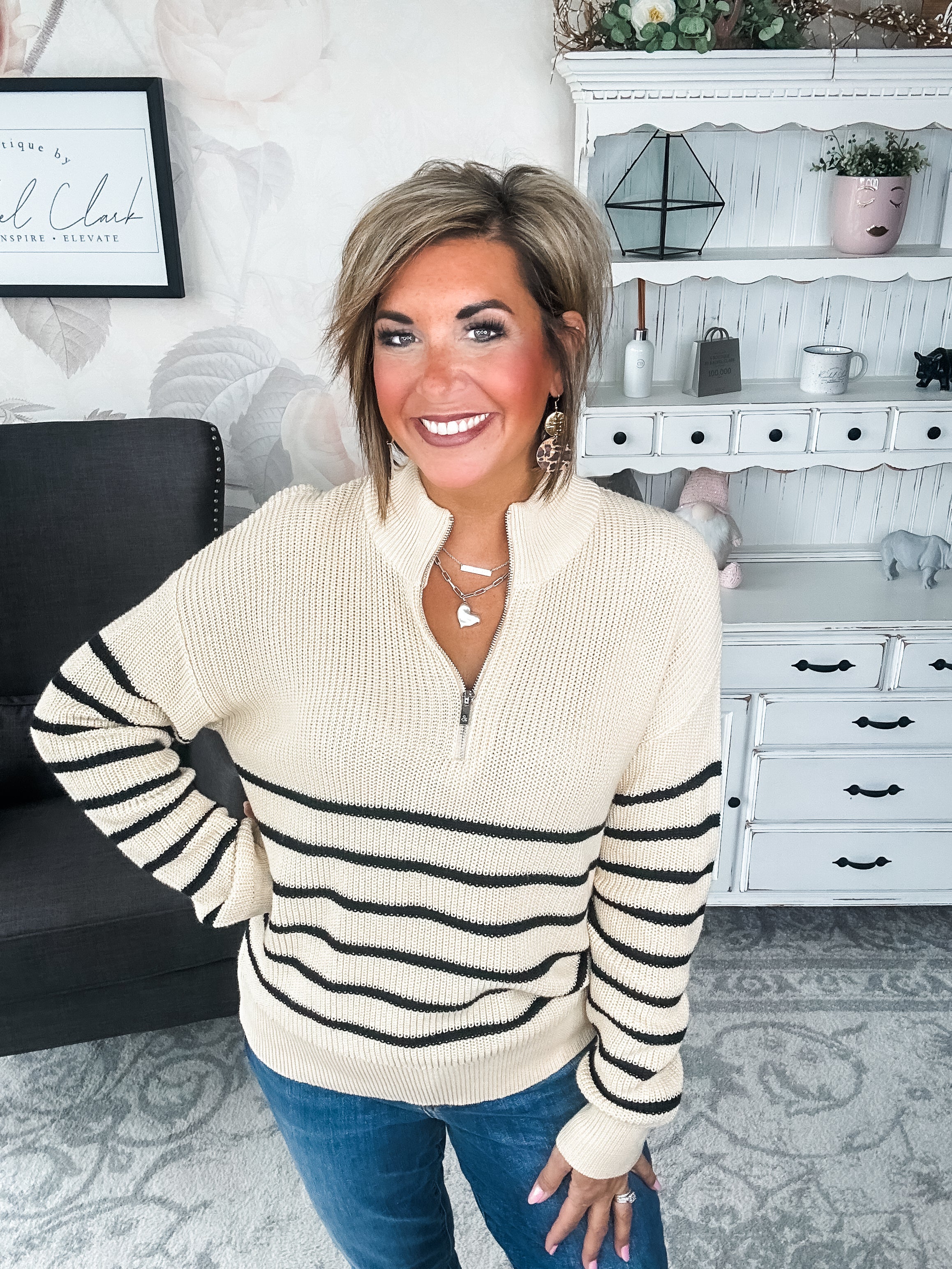 Ampersand Avenue - HalfZip Sweater Cream & Black Stripe