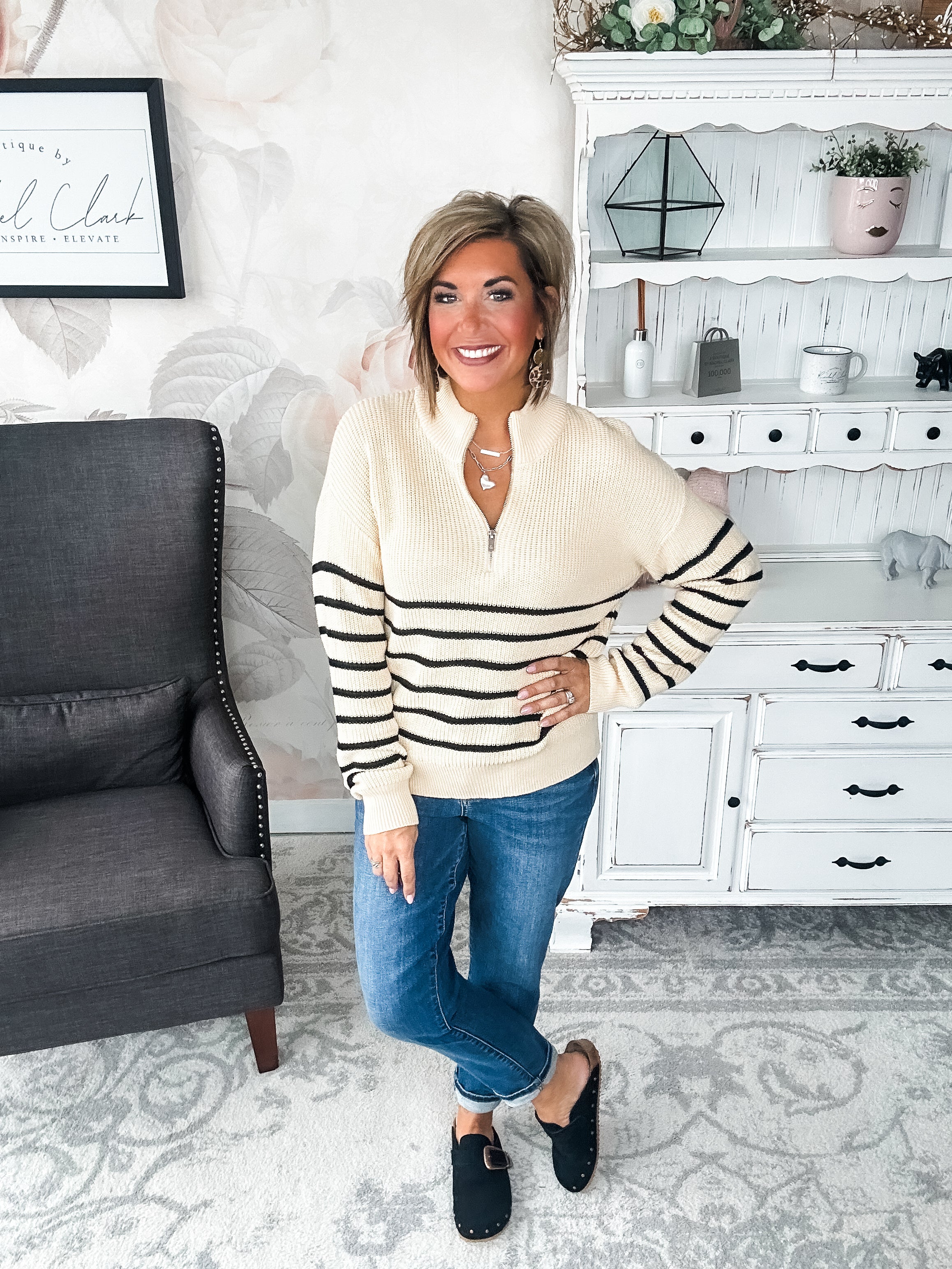 Ampersand Avenue - HalfZip Sweater Cream & Black Stripe