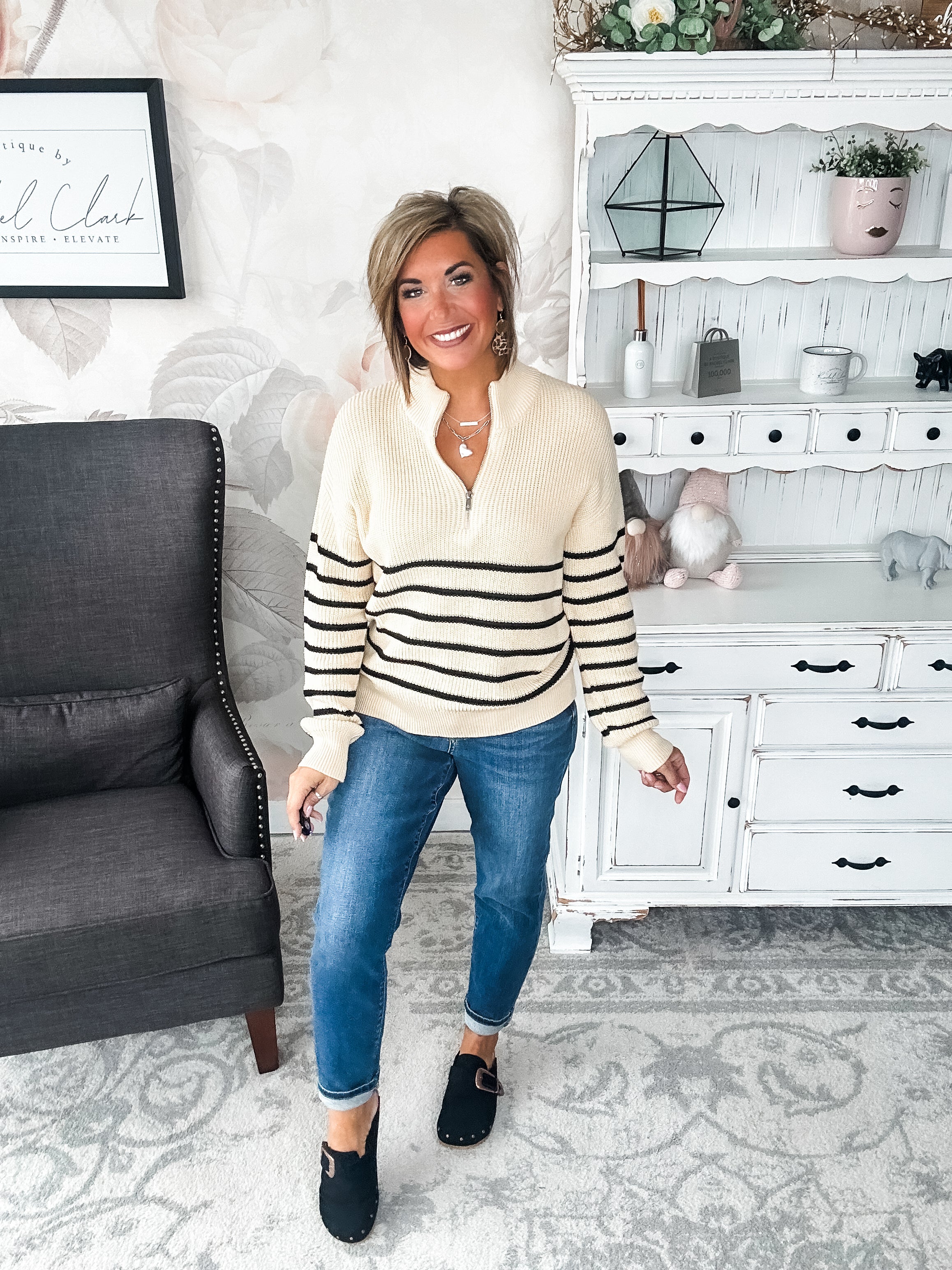 Ampersand Avenue - HalfZip Sweater Cream & Black Stripe