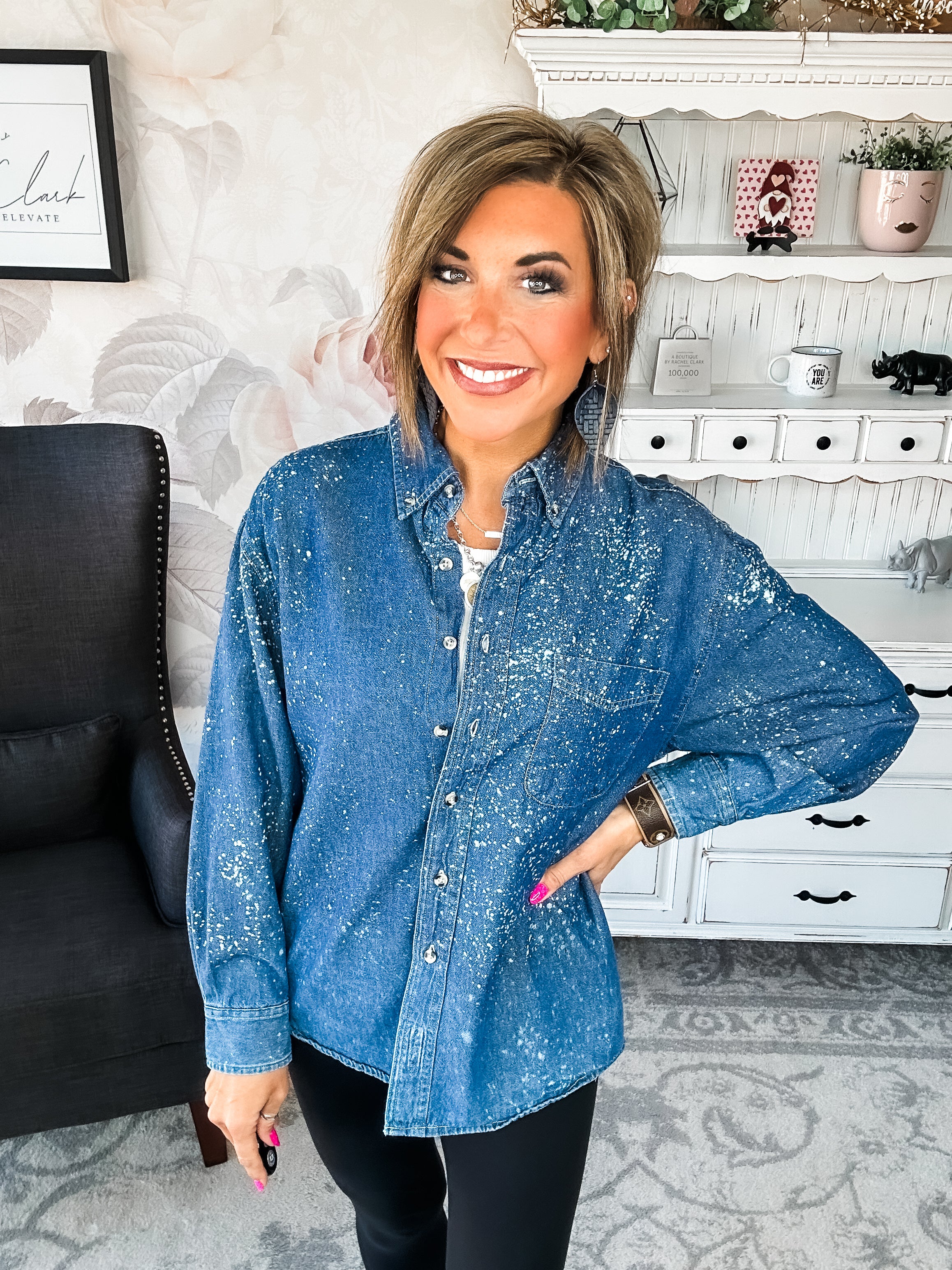 Distressed Denim Bleached Button Down - Dark Blue