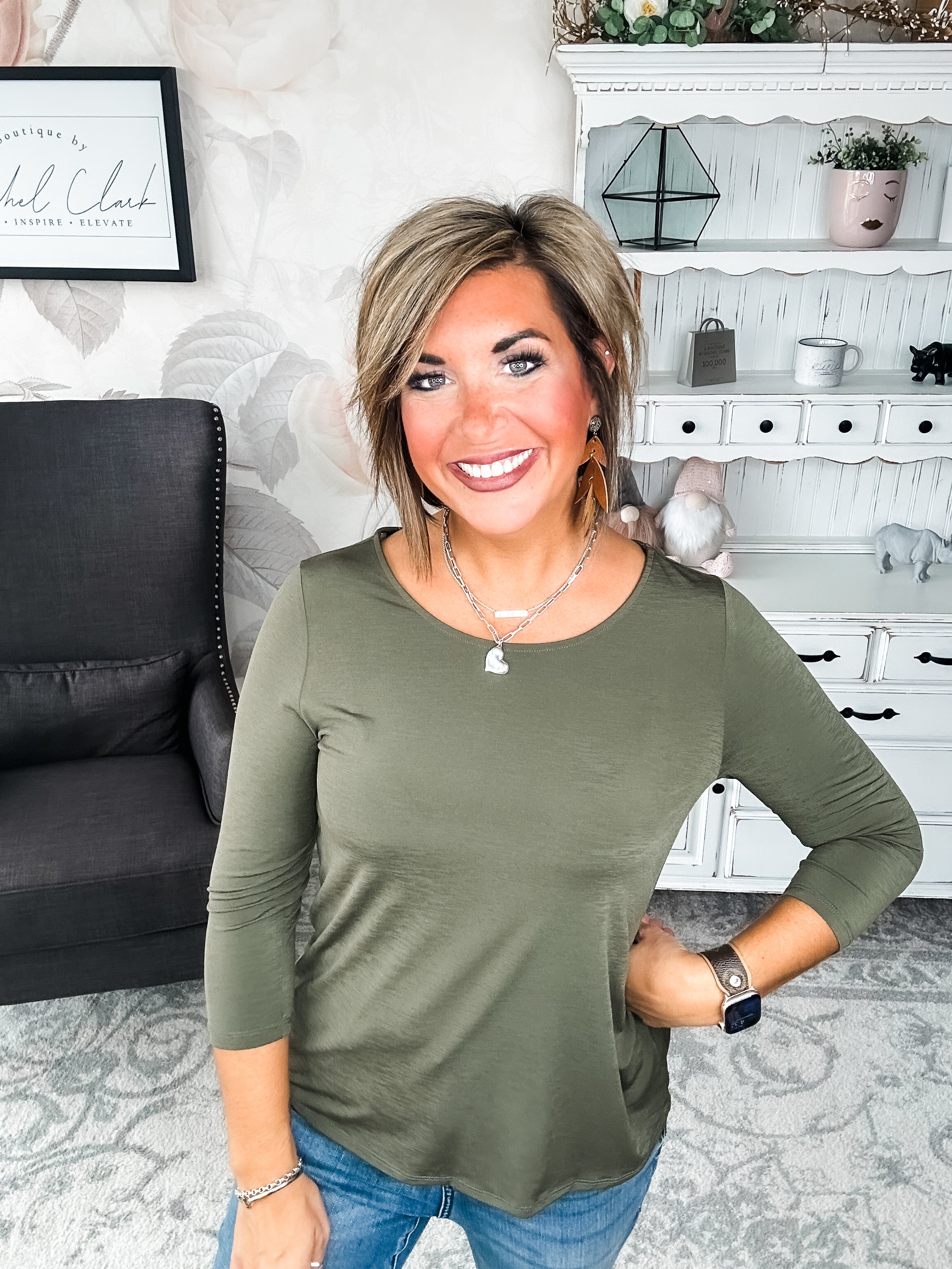 Find The Answer Round Neck Top - Olive