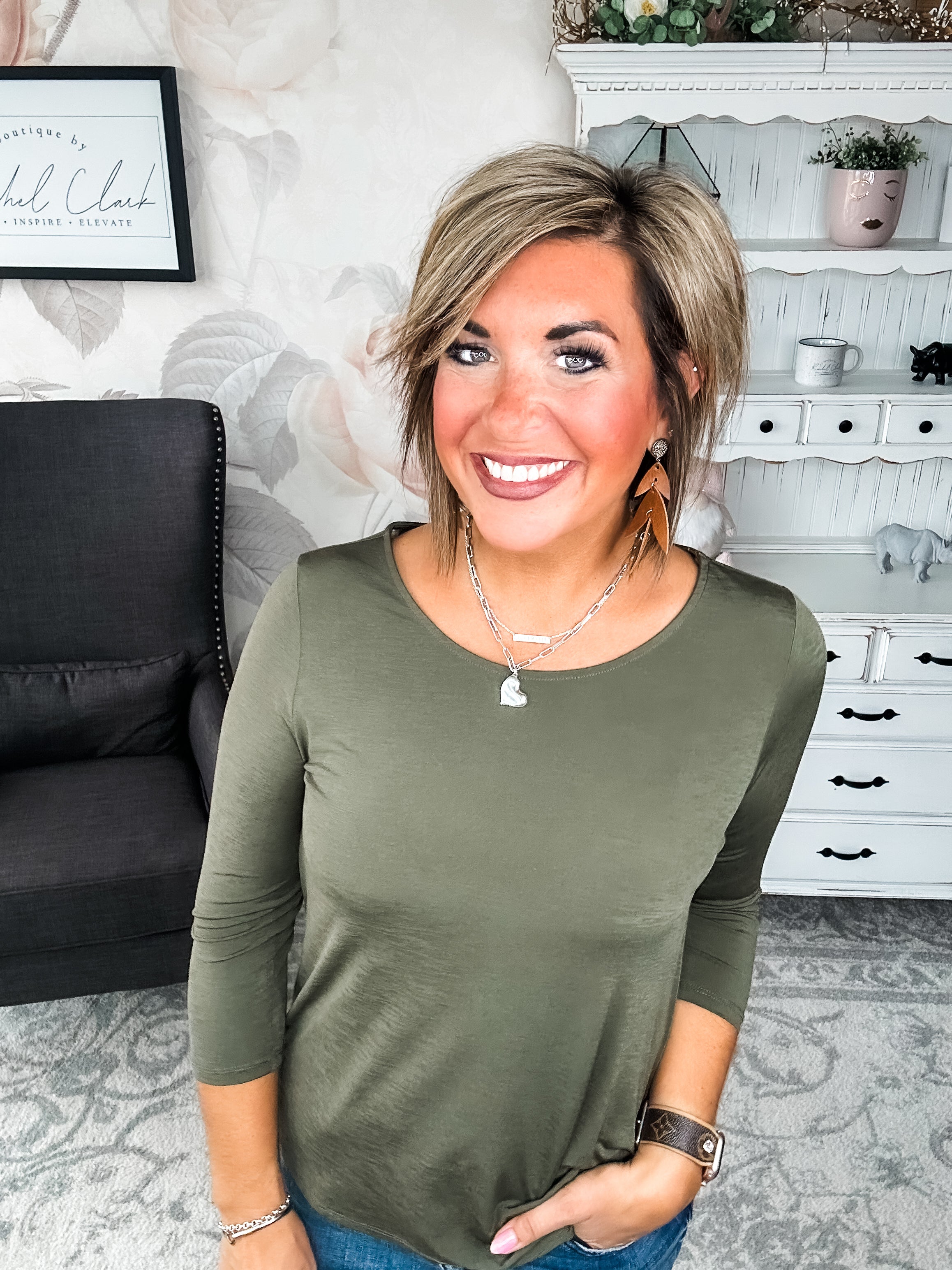 Find The Answer Round Neck Top - Olive