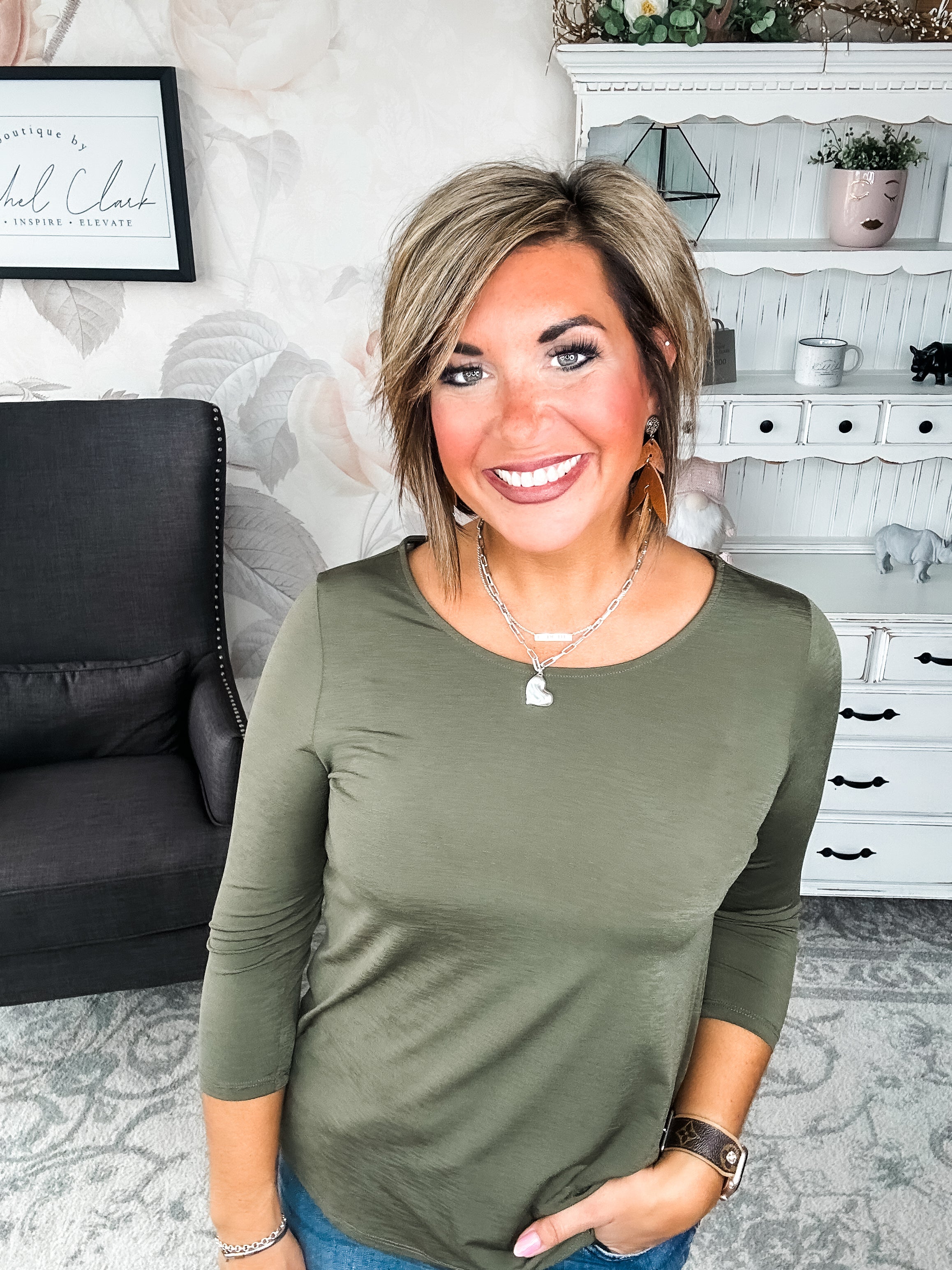 Find The Answer Round Neck Top - Olive