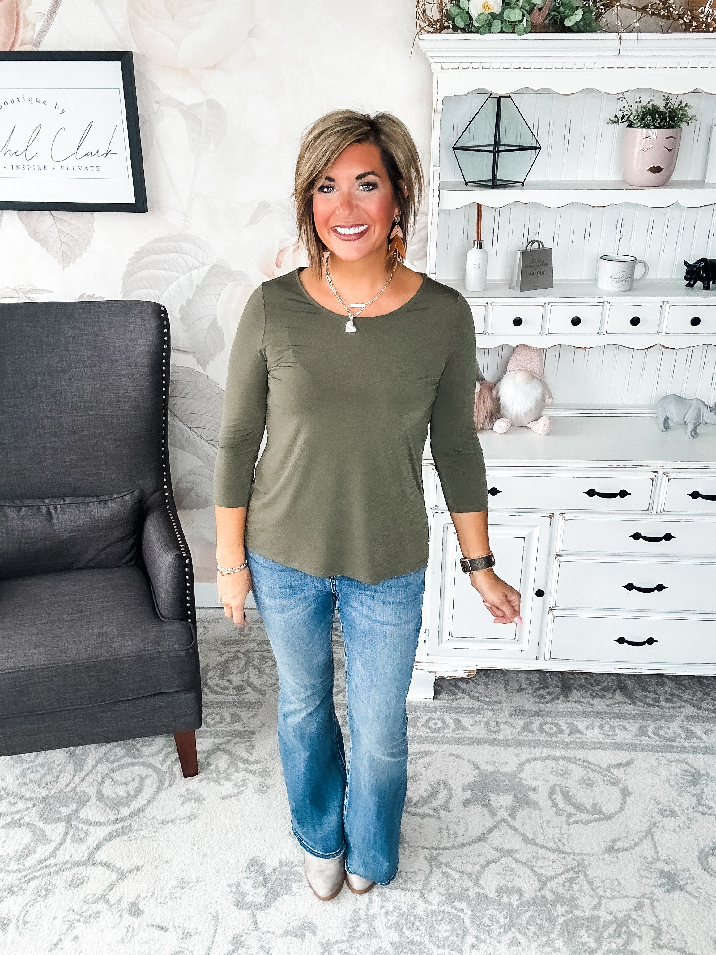 Find The Answer Round Neck Top - Olive