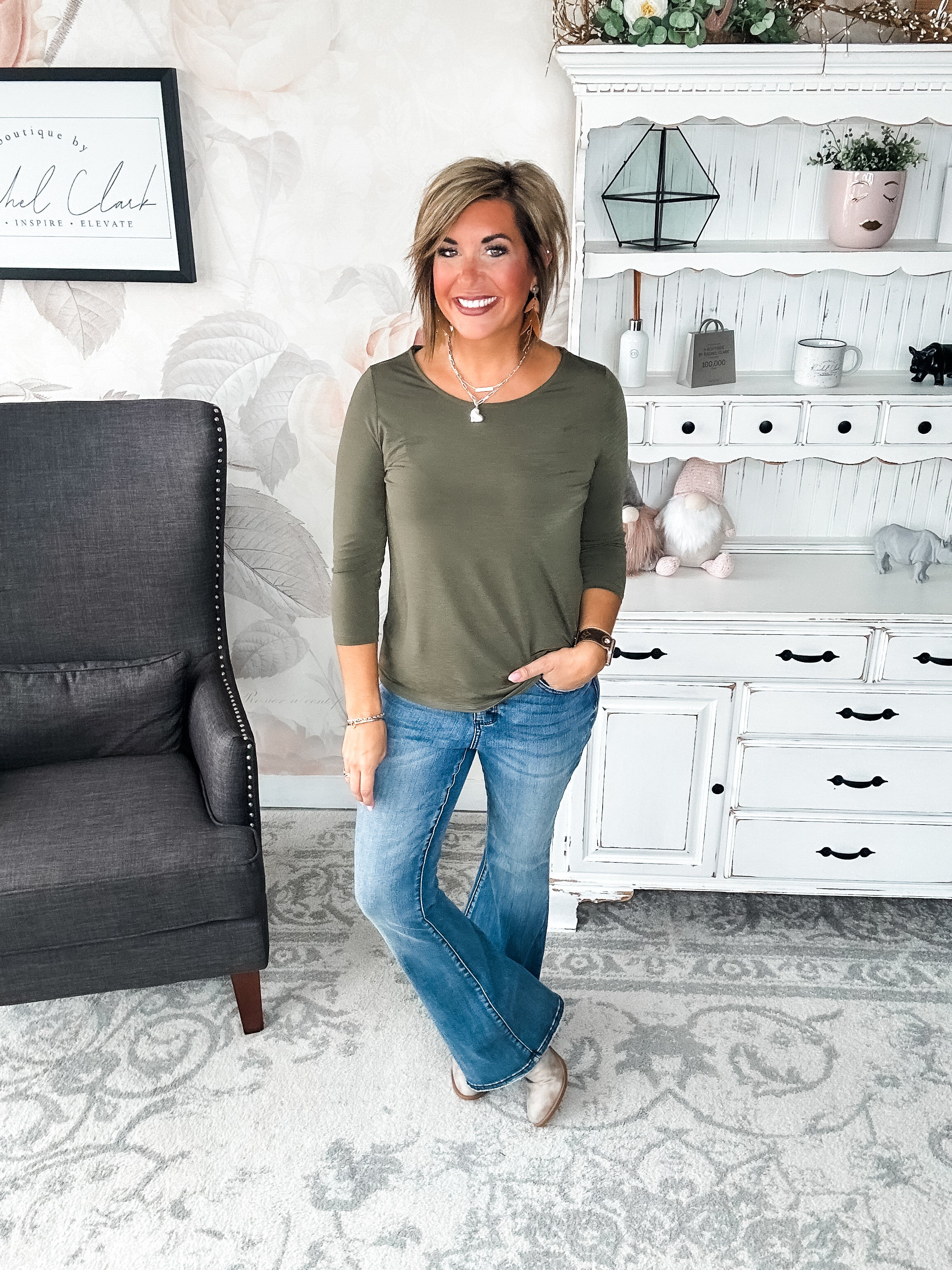 Find The Answer Round Neck Top - Olive