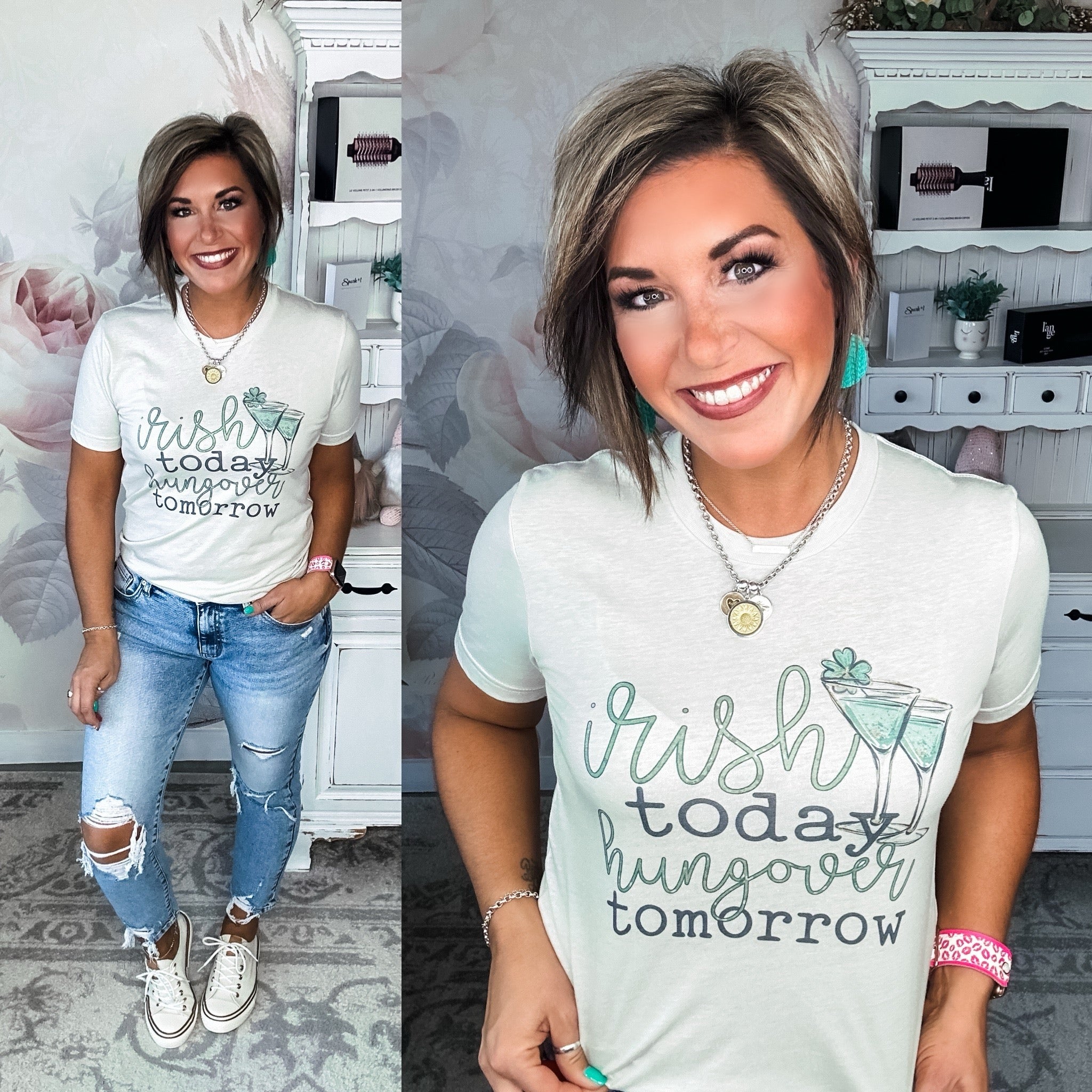 A woman wearing a graphic tee with the text 'Irish today hungover tomorrow'