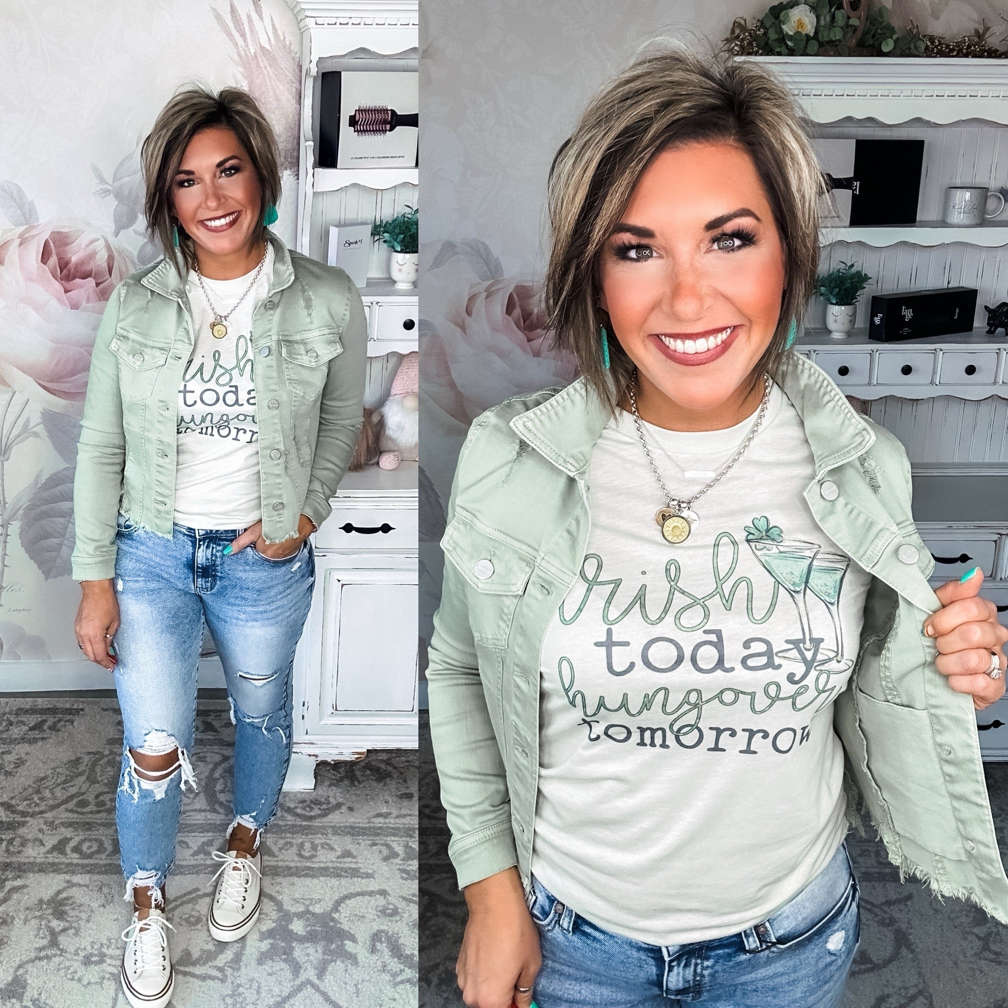 A woman wearing a graphic tee with the text 'Irish today hungover tomorrow'