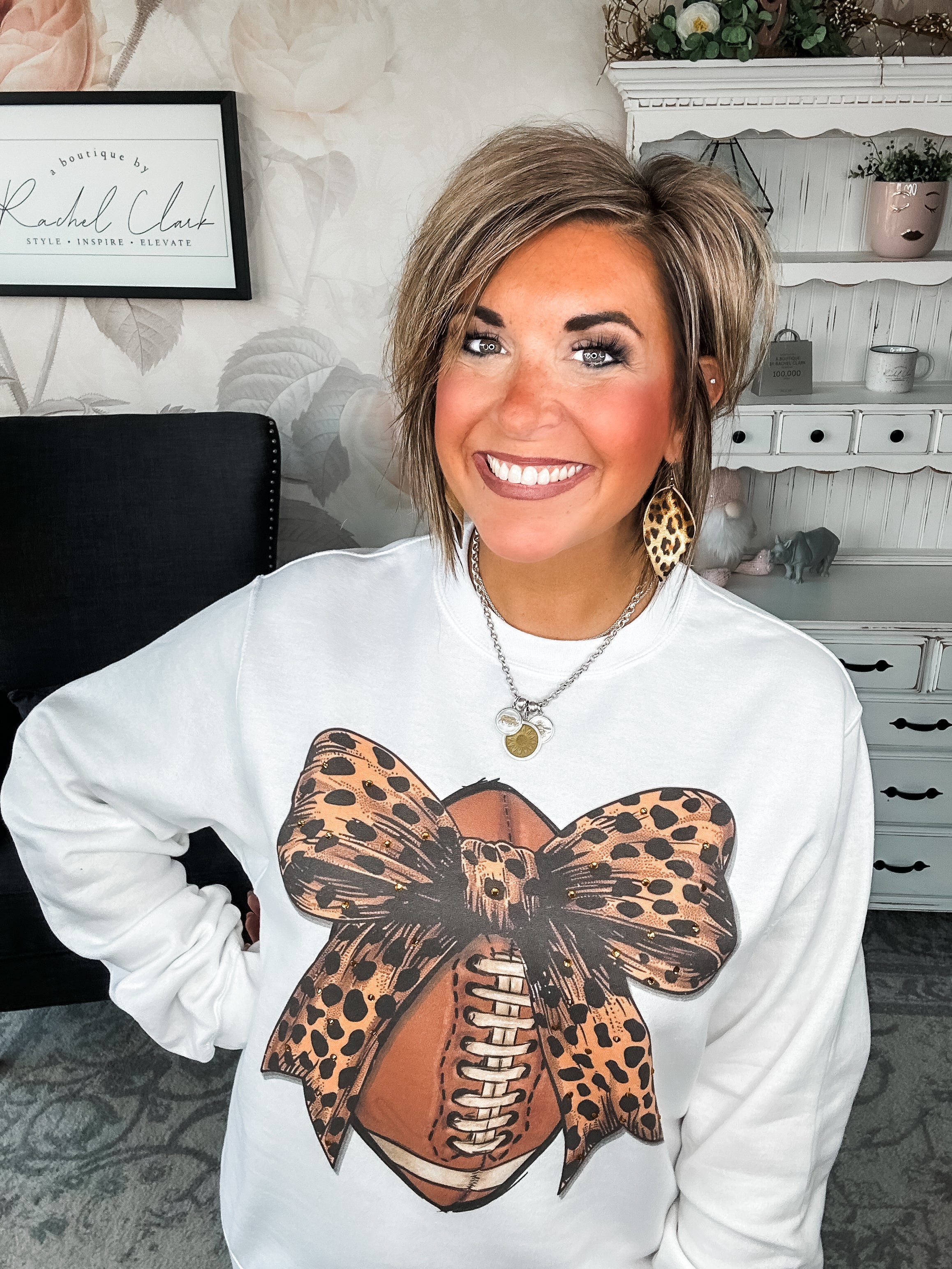 Football Cheetah Bow Rhinestone Graphic Sweatshirt
