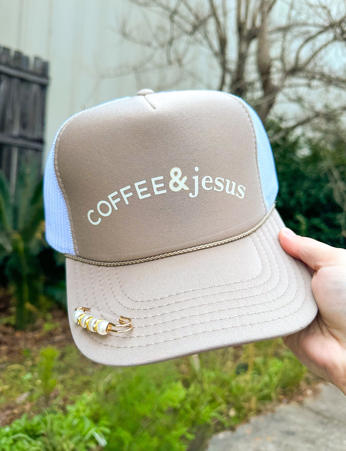 Coffee & Jesus Khaki/White Trucker Hat *ONLINE EXCLUSIVE*