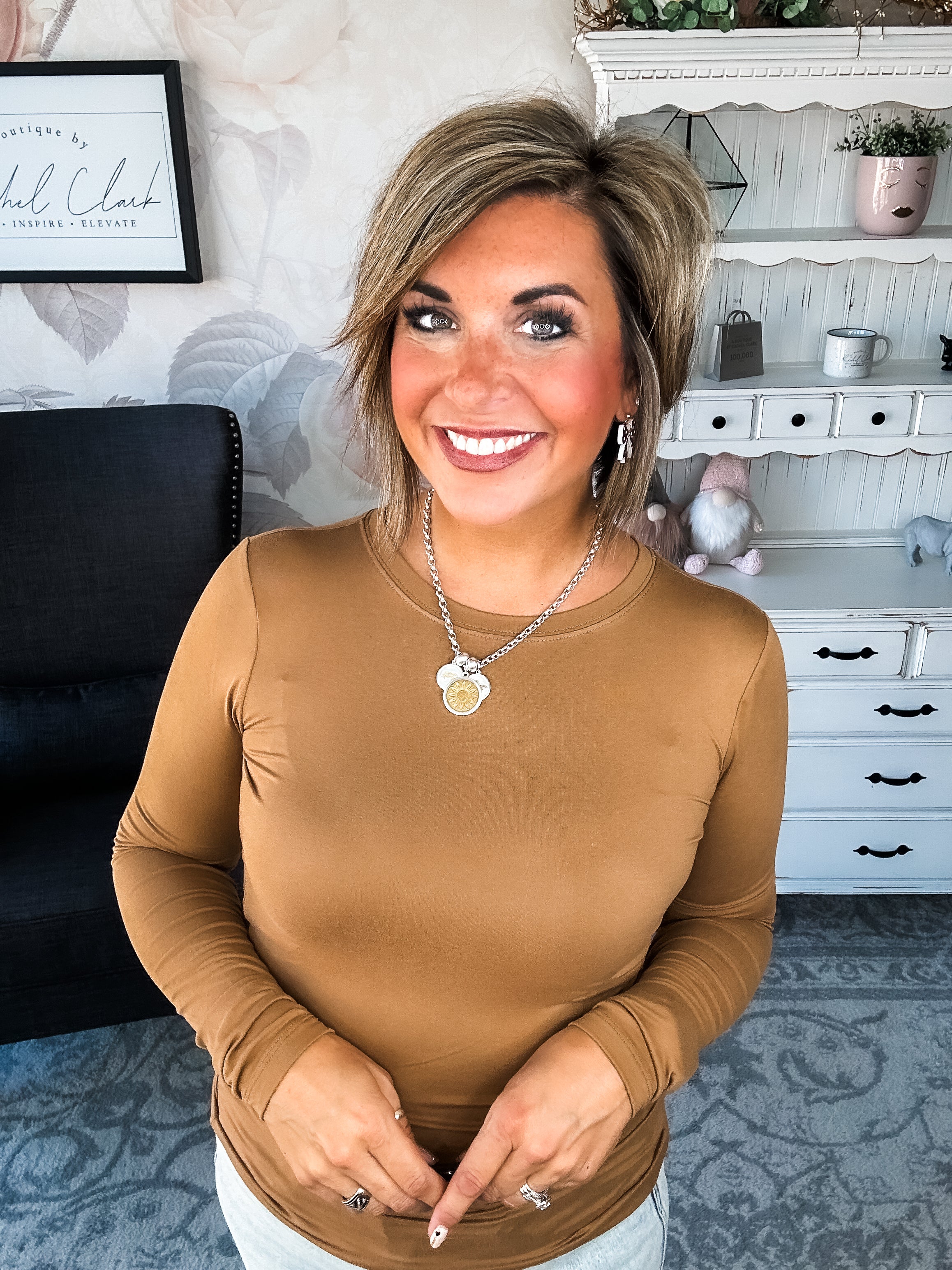 Happy Now Long Sleeve Tee - Deep Camel