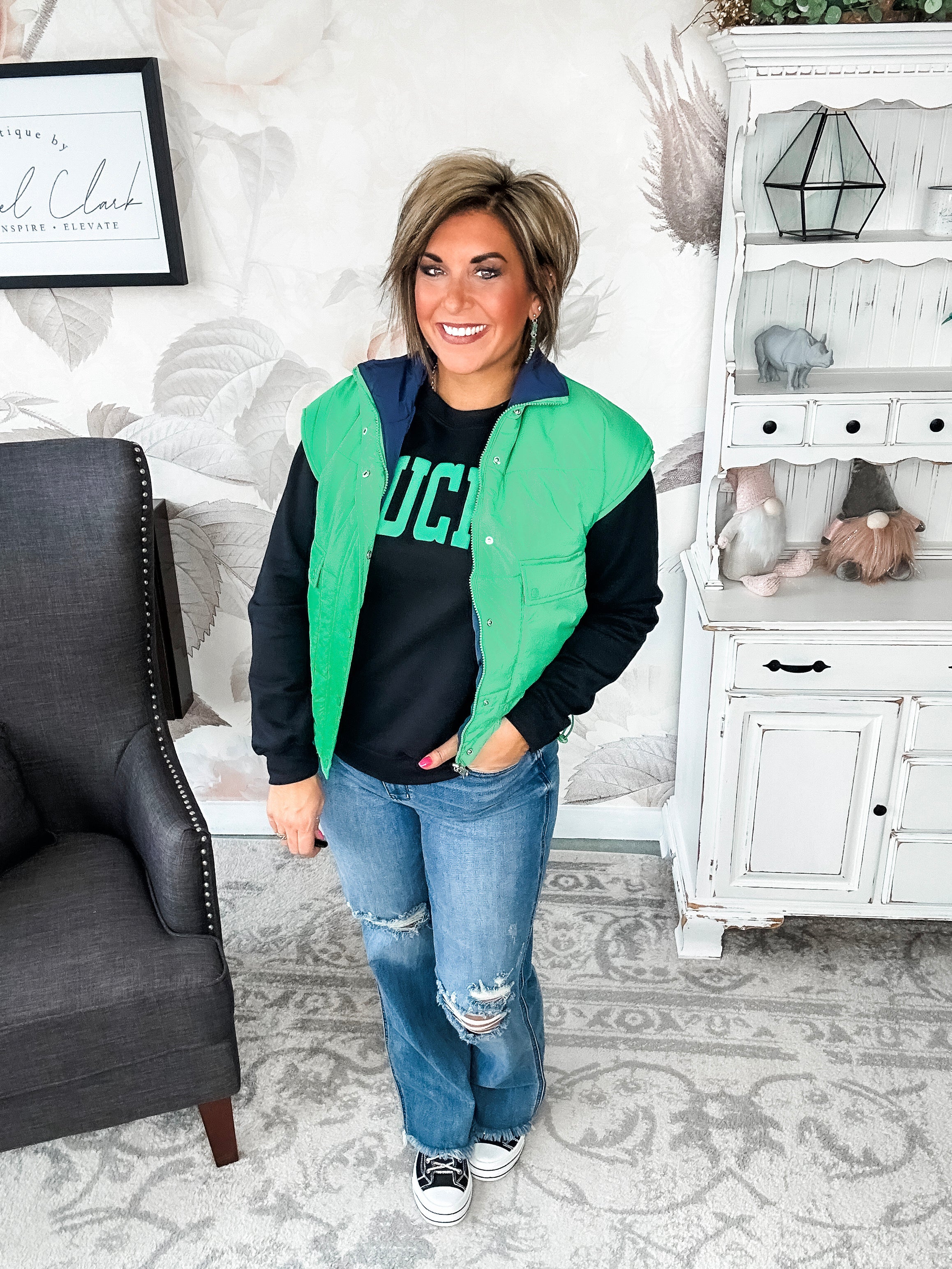 Stay Out All Night Reversible Puffer Vest - Navy/Green