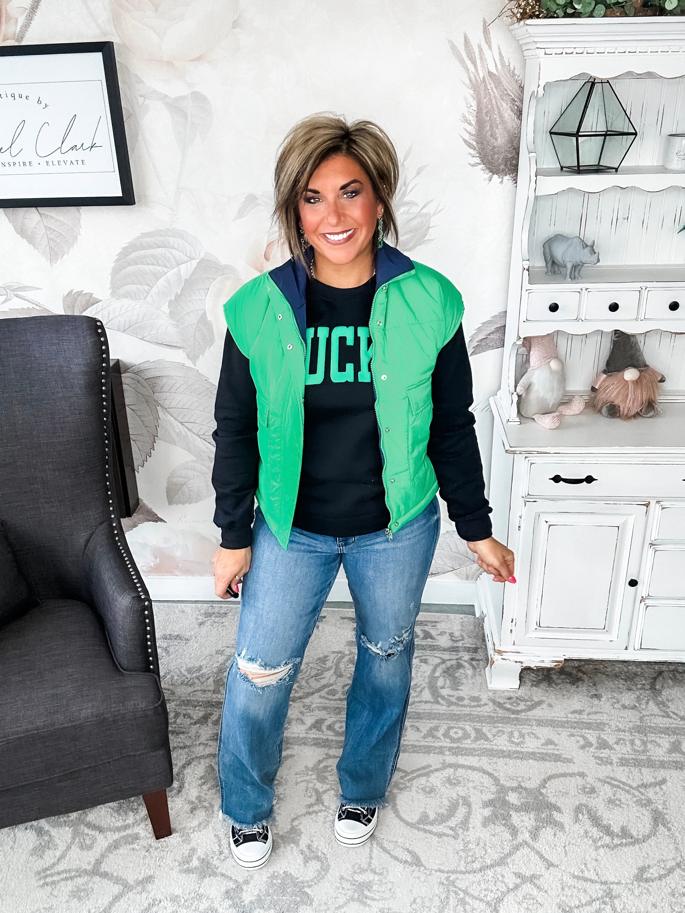 Stay Out All Night Reversible Puffer Vest - Navy/Green