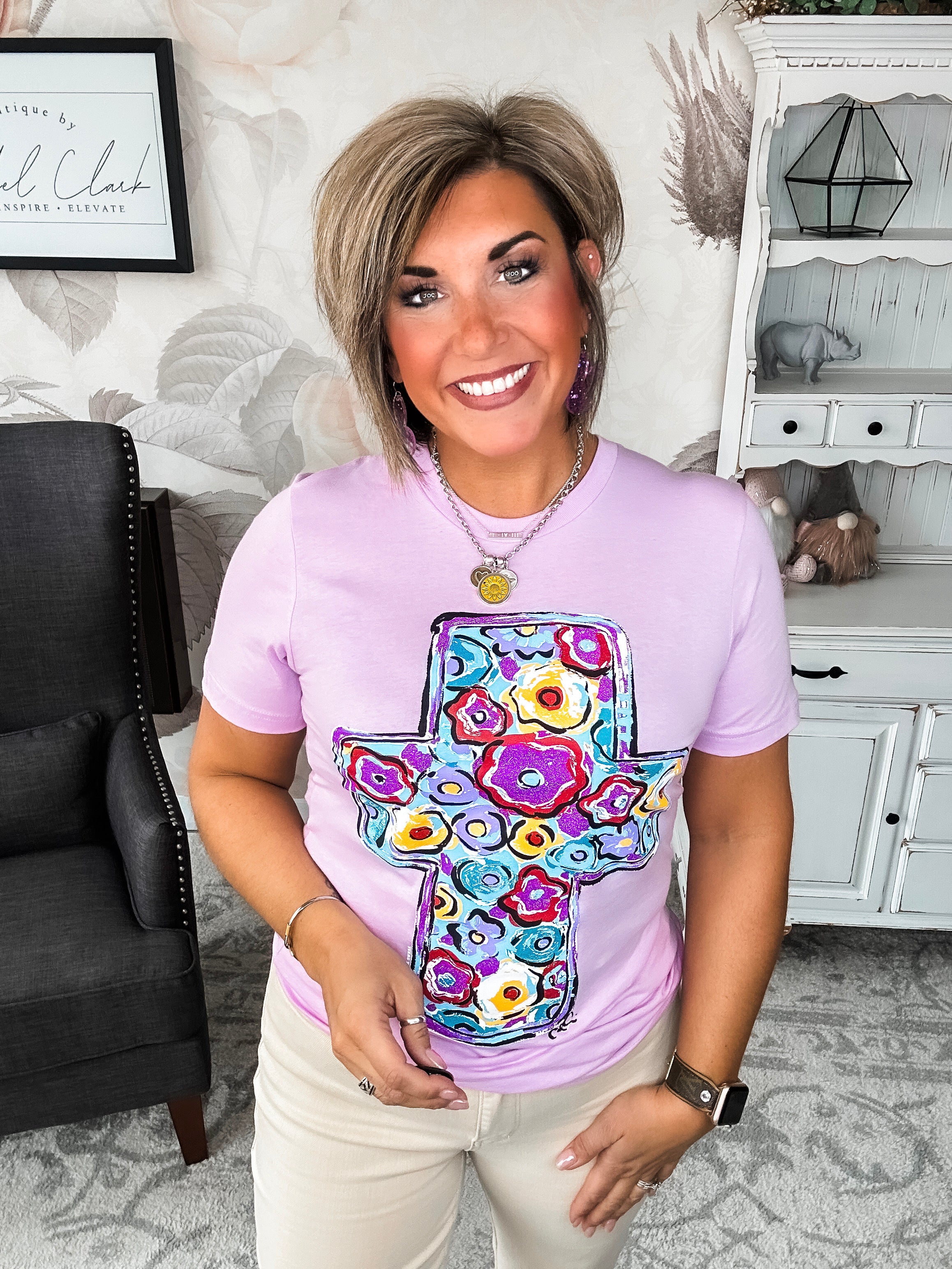 Purple Floral Cross Graphic Tee