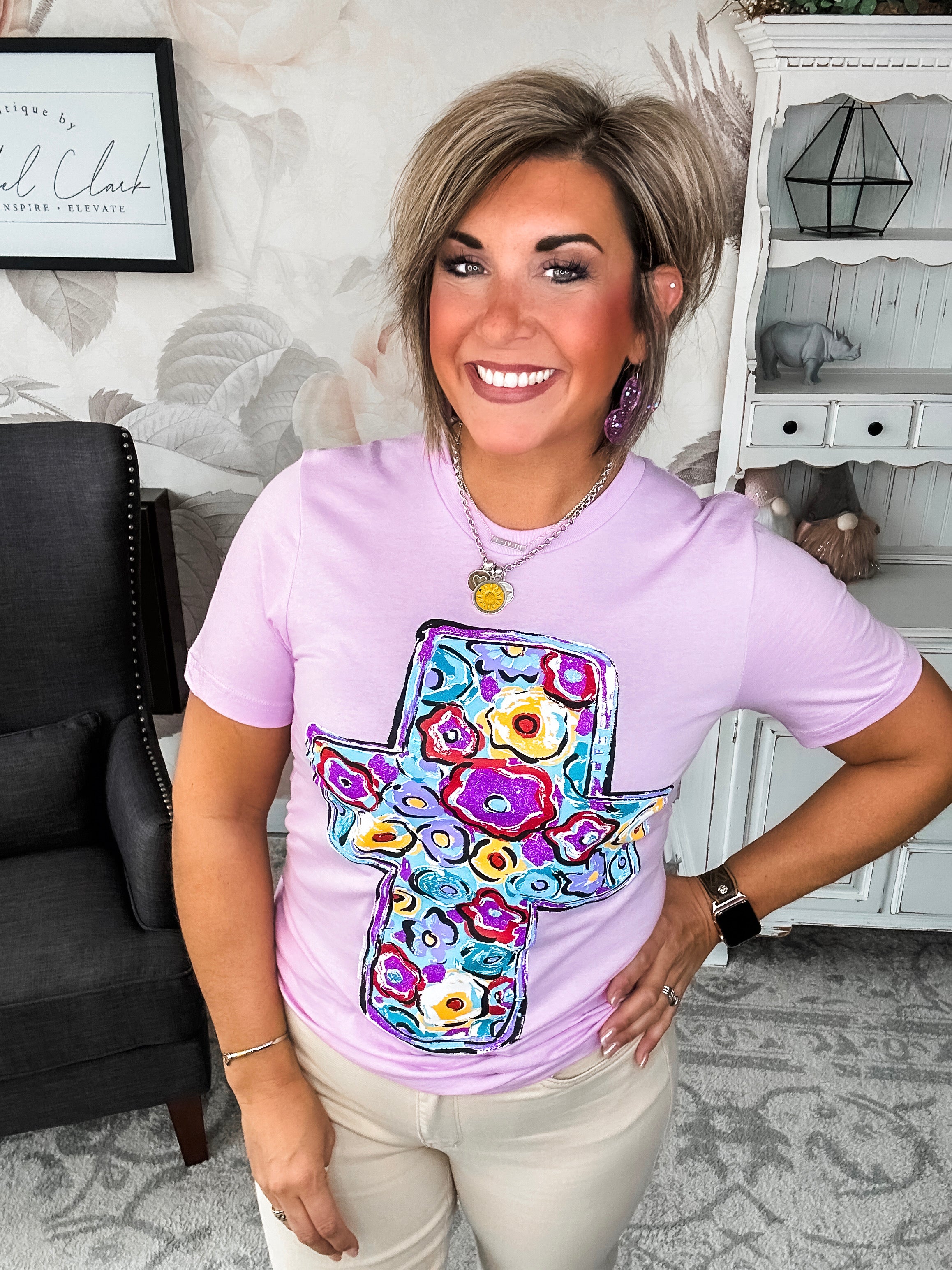 Purple Floral Cross Graphic Tee