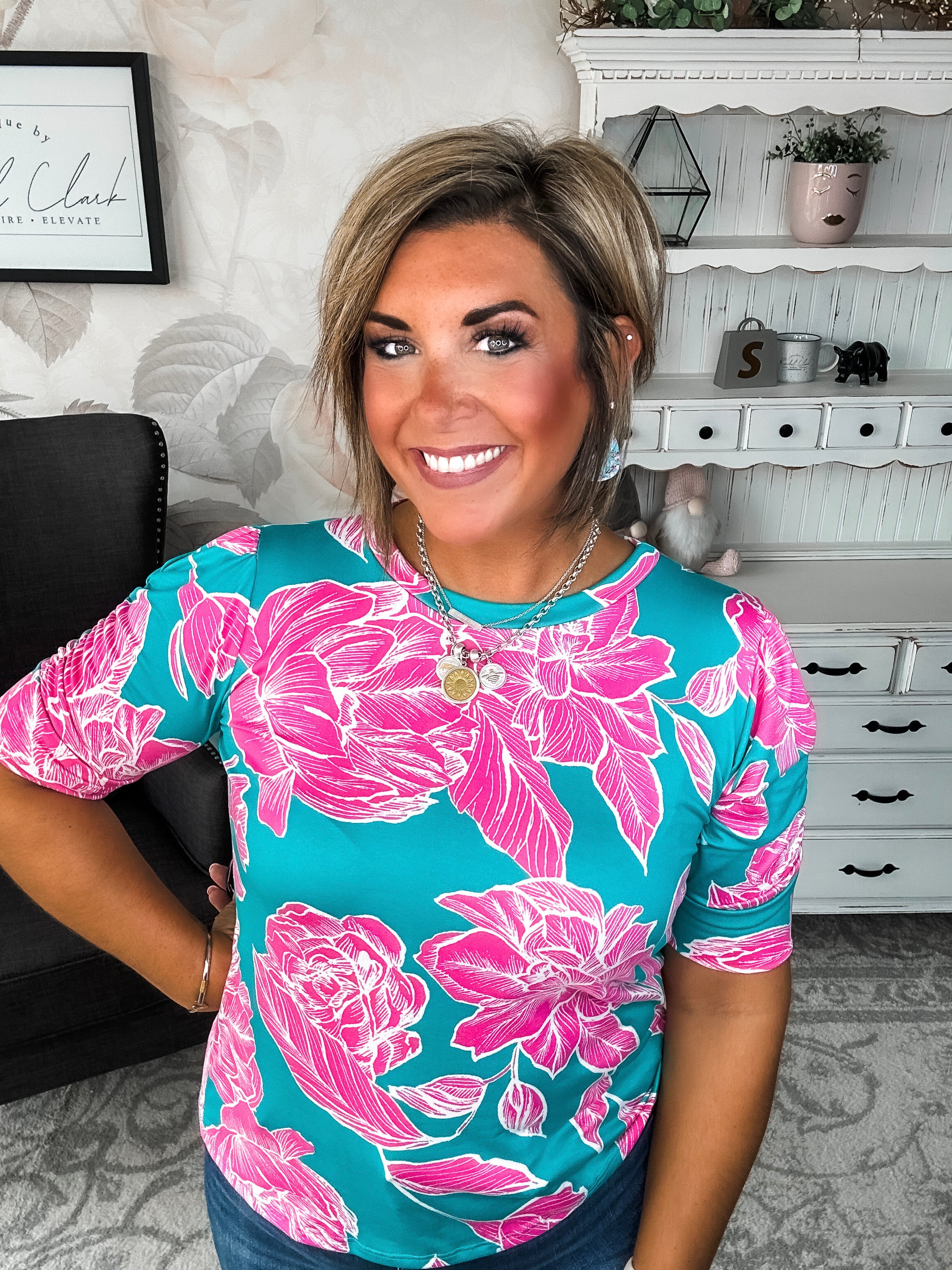 Enchanted To Meet You Top - Teal & Pink