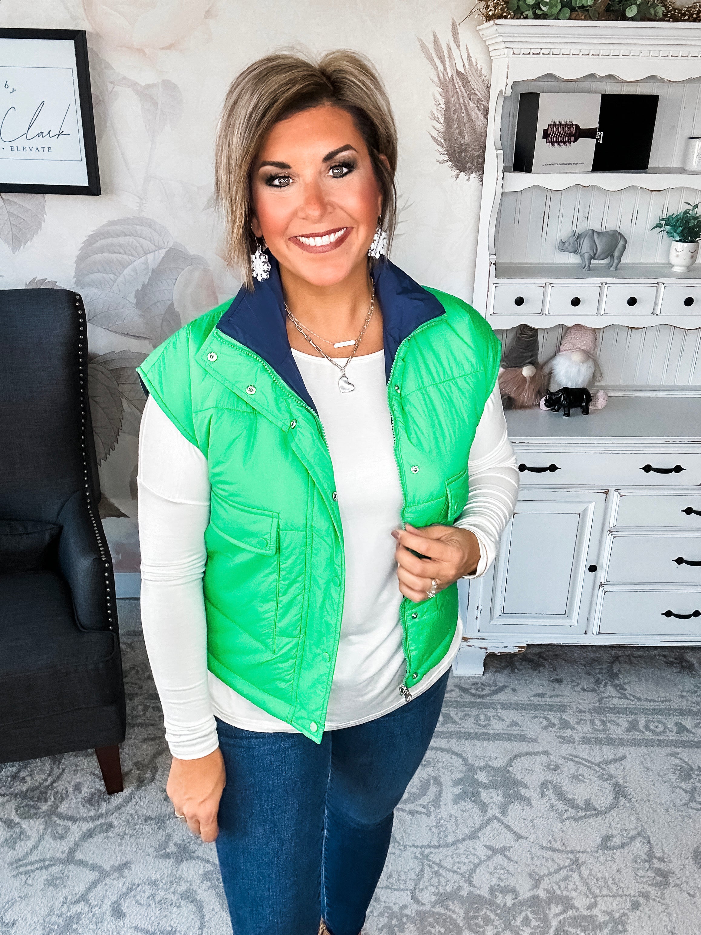 Stay Out All Night Reversible Puffer Vest - Navy/Green