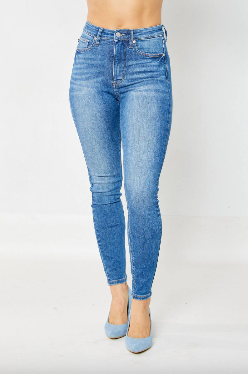 High Rise Tummy Control Skinny Judy Blue Jeans in Washed Black – happily  ever co