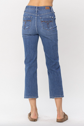 Judy Blue Destroy Pocket Embroidery Straight Leg Crop Jeans