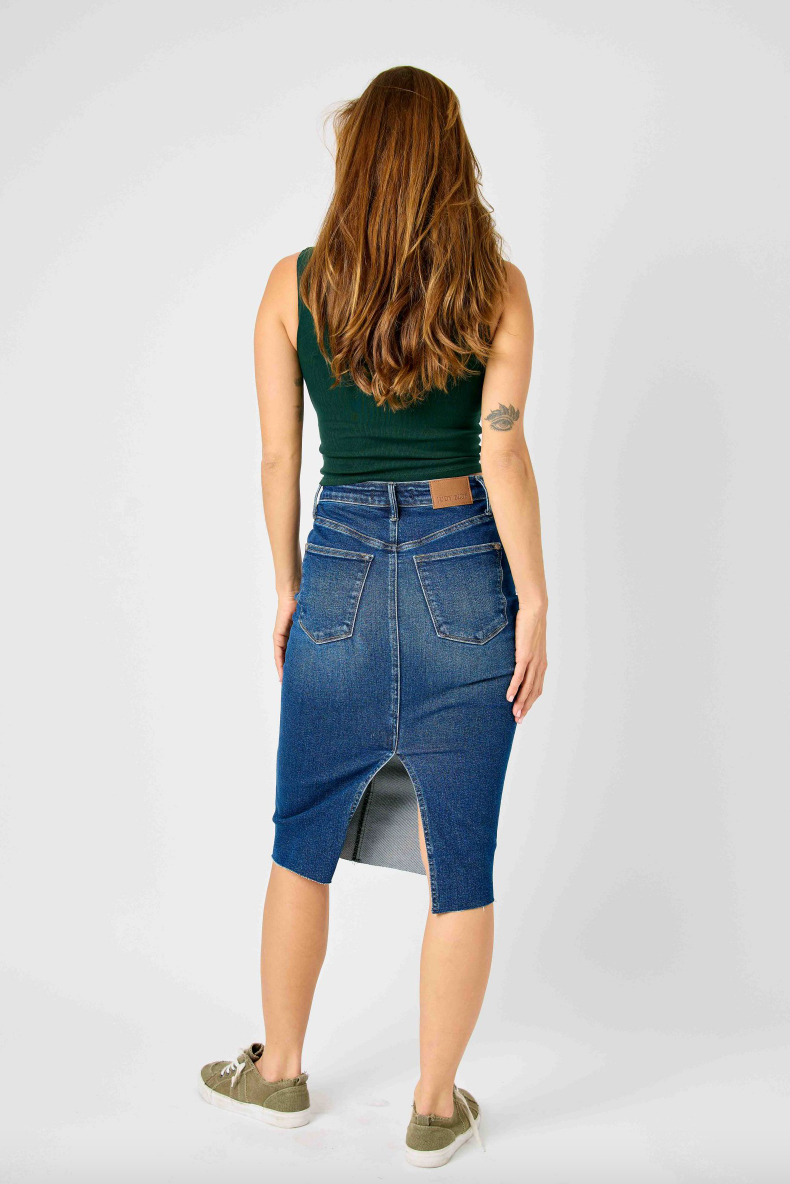 Judy Blue Denim Back Slit Raw Hem Skirt