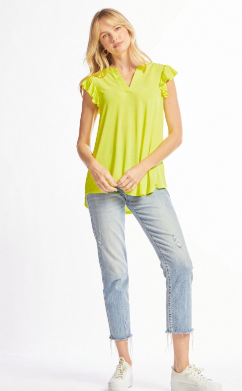 Figure It Out Ruffle Sleeve Top - Neon Yellow