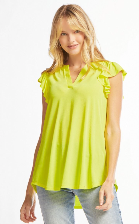 Figure It Out Ruffle Sleeve Top - Neon Yellow
