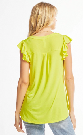 Figure It Out Ruffle Sleeve Top - Neon Yellow