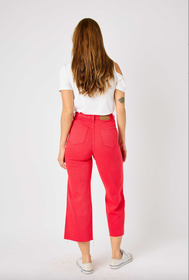 Judy Blue Tummy Control Wide Leg Crop - Red