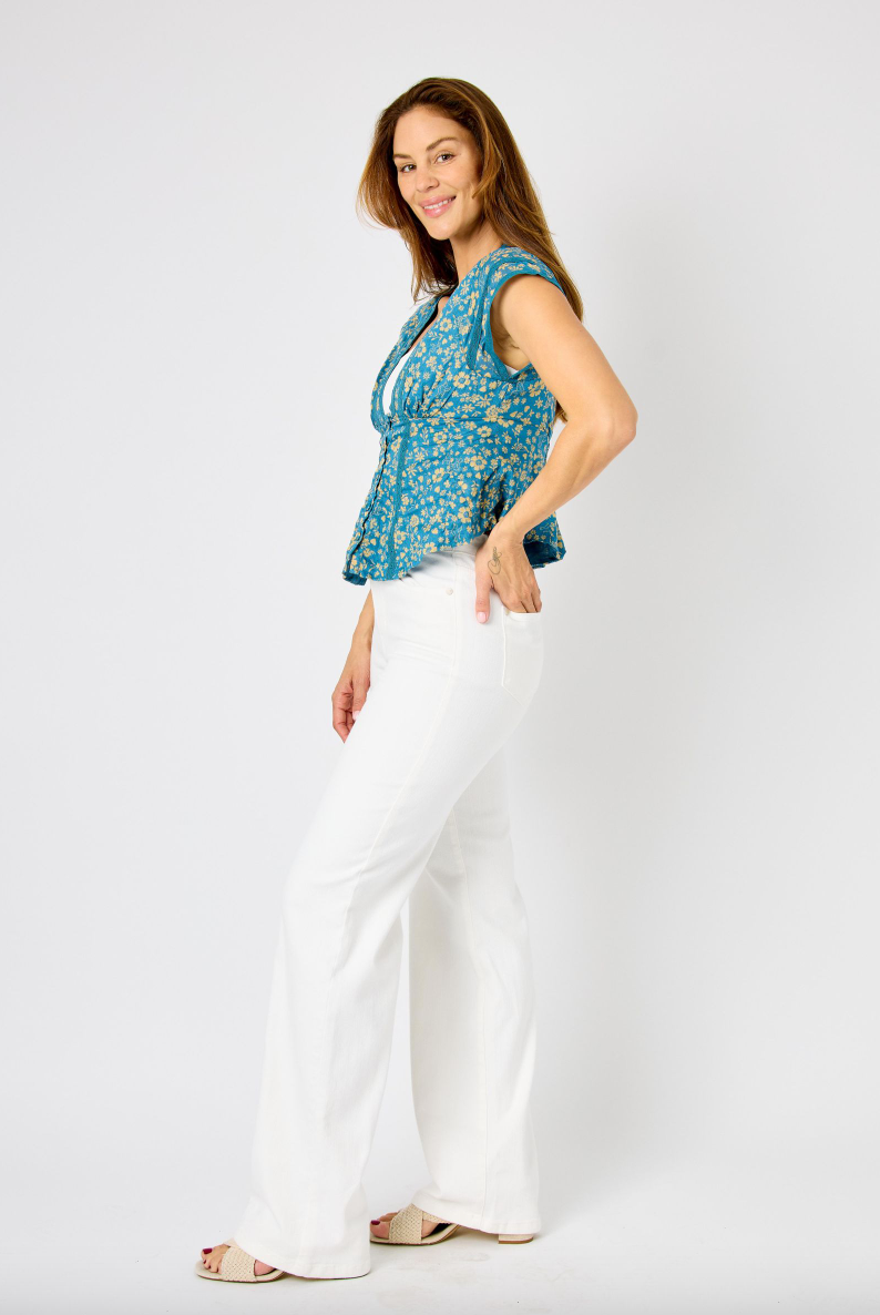 Judy Blue White Braided Waist Wide Leg Jeans