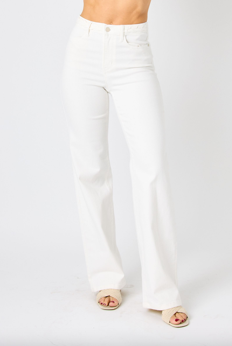 Judy Blue White Braided Waist Wide Leg Jeans
