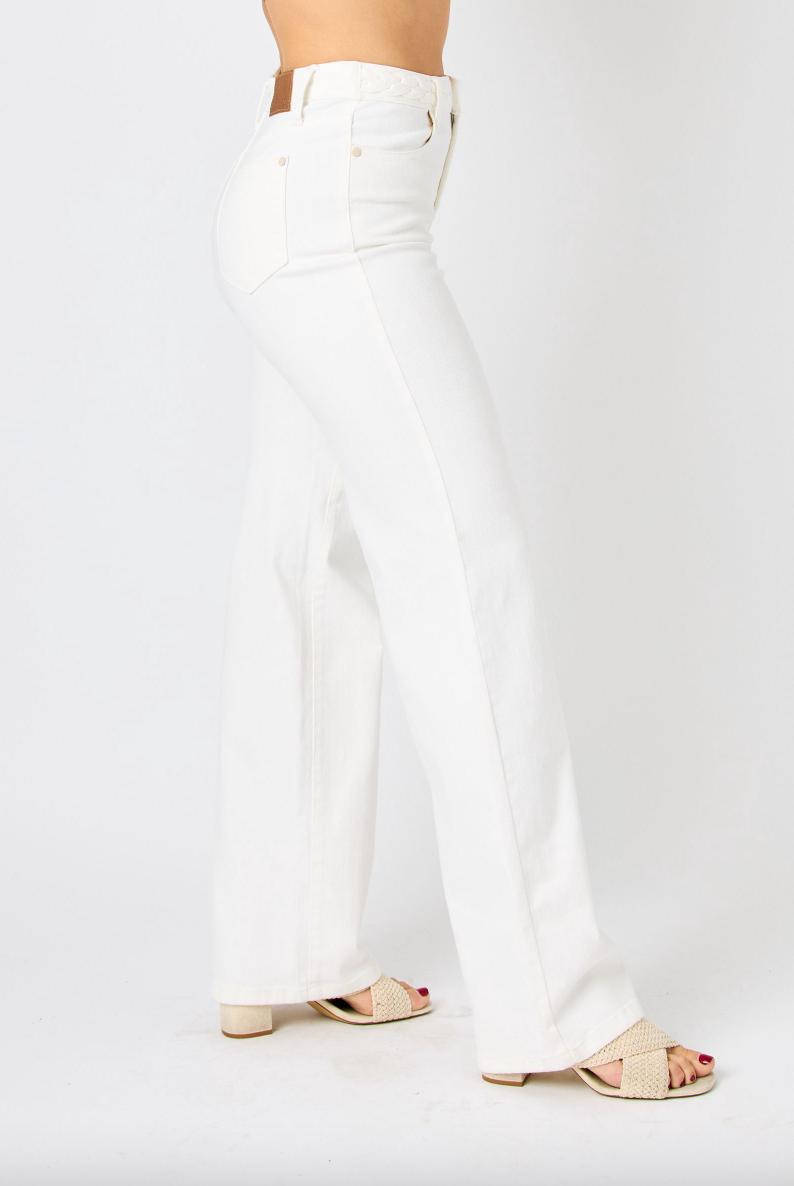 Judy Blue White Braided Waist Wide Leg Jeans