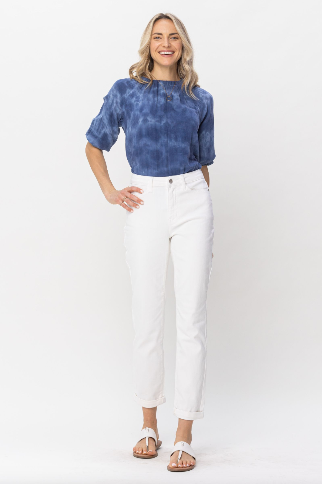 Judy Blue Double Cuff White Boyfriend Jeans