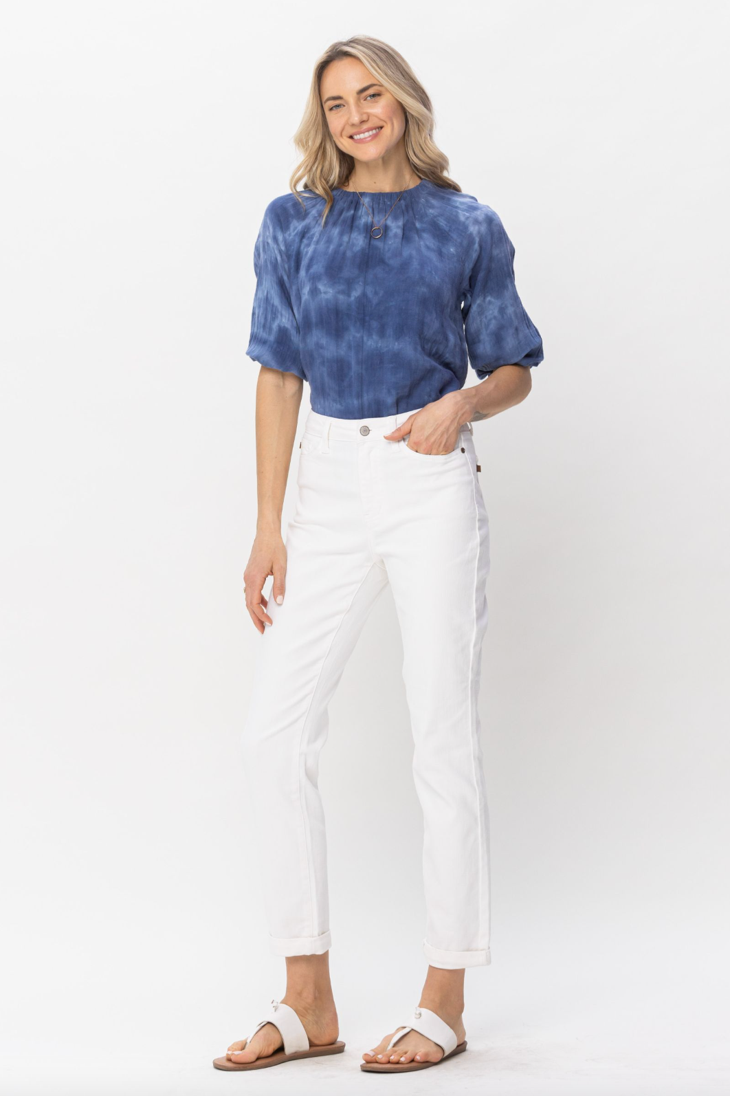 Judy Blue Double Cuff White Boyfriend Jeans