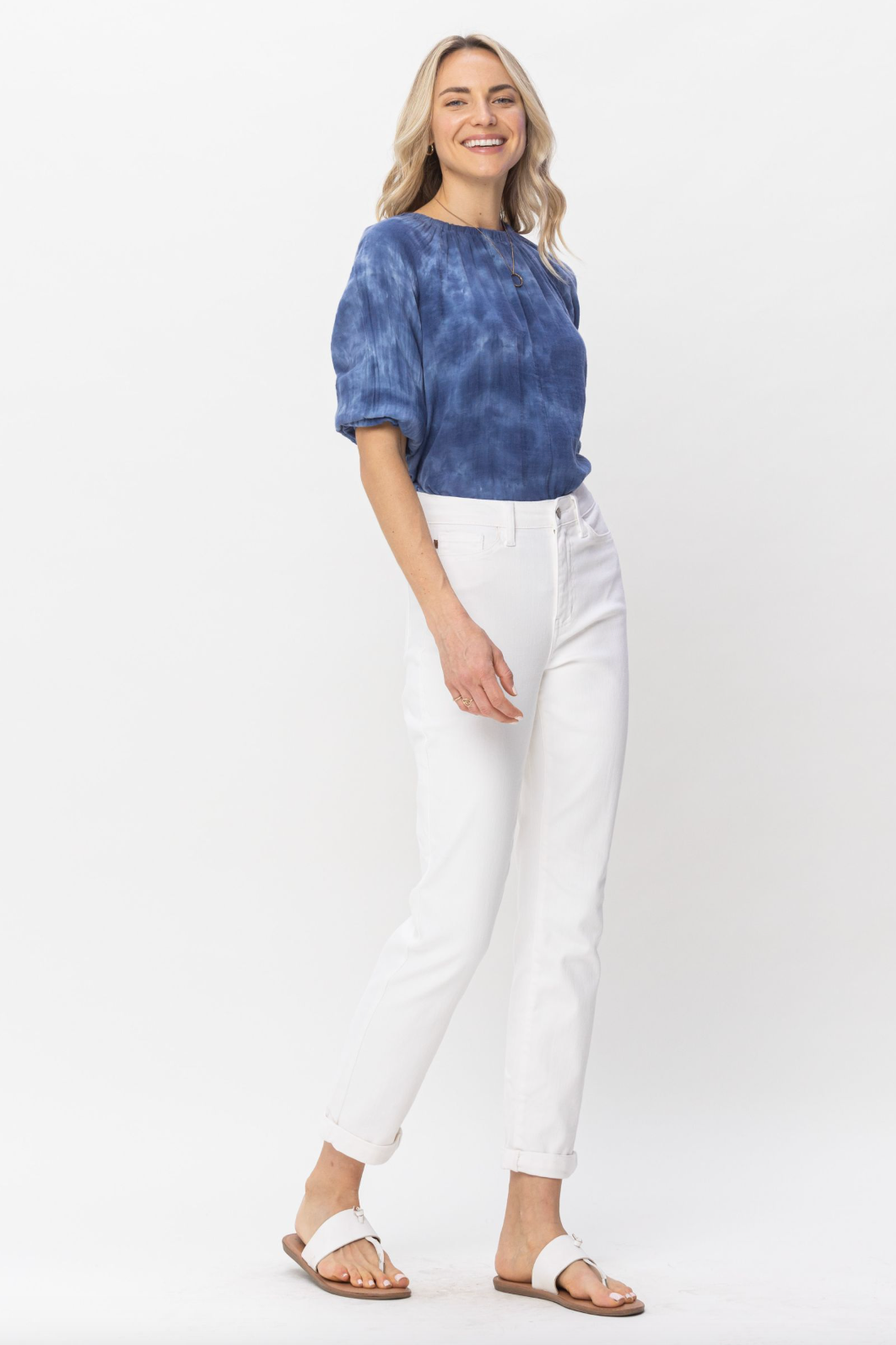 Judy Blue Double Cuff White Boyfriend Jeans
