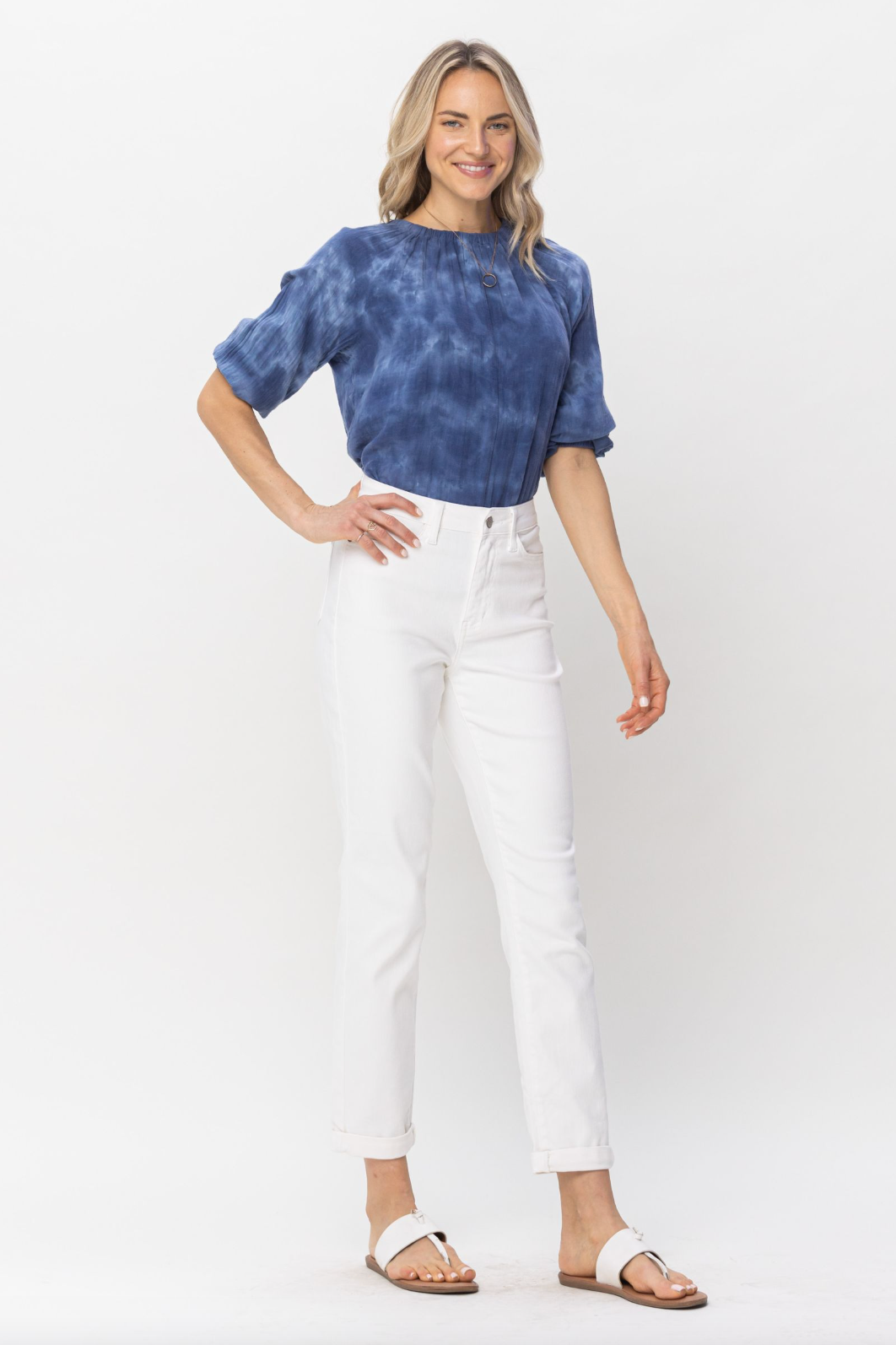 Judy Blue Double Cuff White Boyfriend Jeans