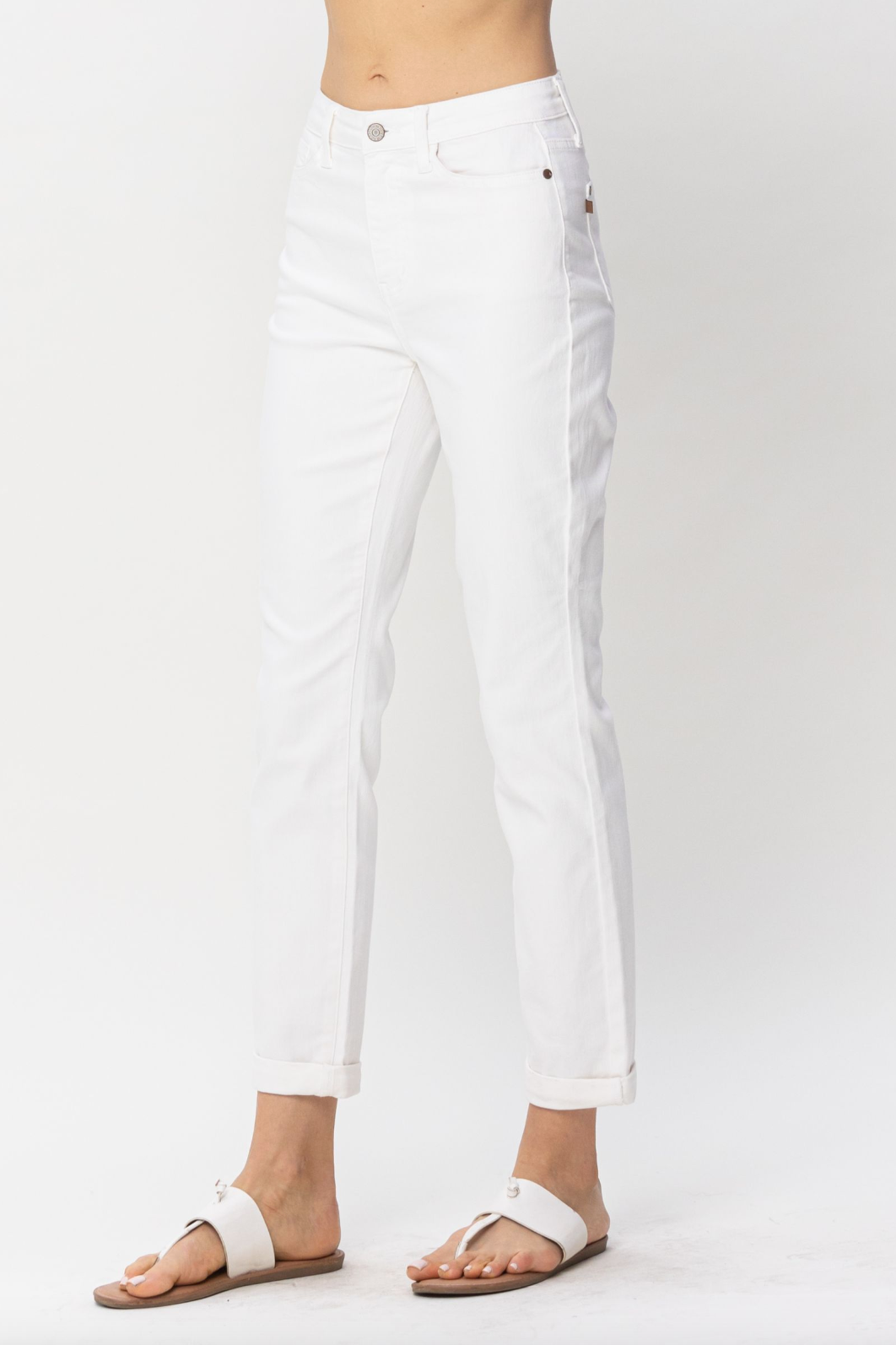 Judy Blue Double Cuff White Boyfriend Jeans