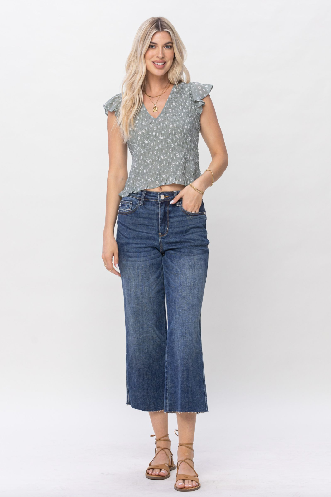 Judy Blue Raw Edge Wide Leg Crop Jeans