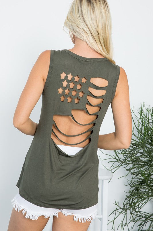 American Flag Laser Cut Tank - Olive