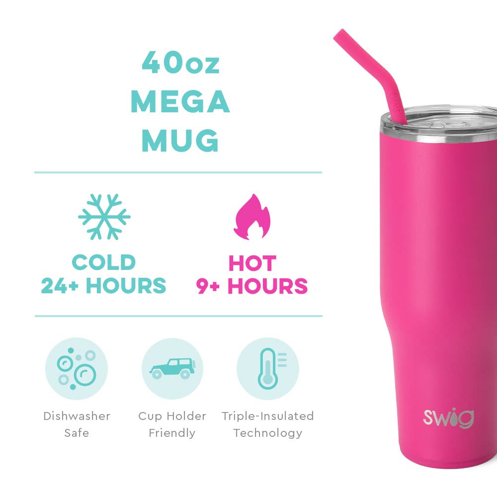 40oz Mega Mug
Cold 24+ hours, Hot 9+ hours
Dishwasher safe
Cup holder friendly
Triple Insulated Technology